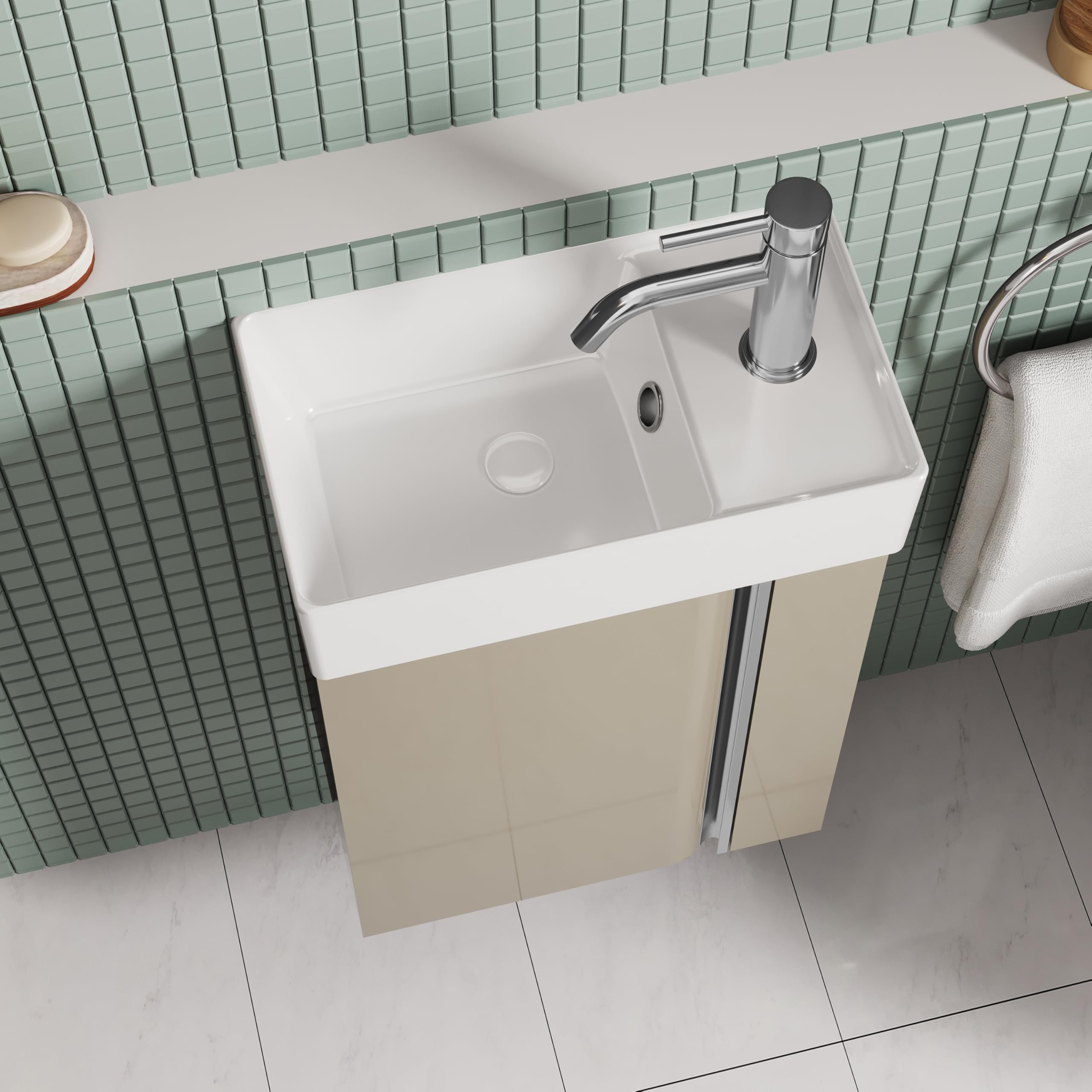 40 cm Badezimmerschrank Mit Waschbecken – Kleiner Waschbeckenschrank Mit Stauraum Für Gäste-Wc, Platzsparend, Taupe Glanz