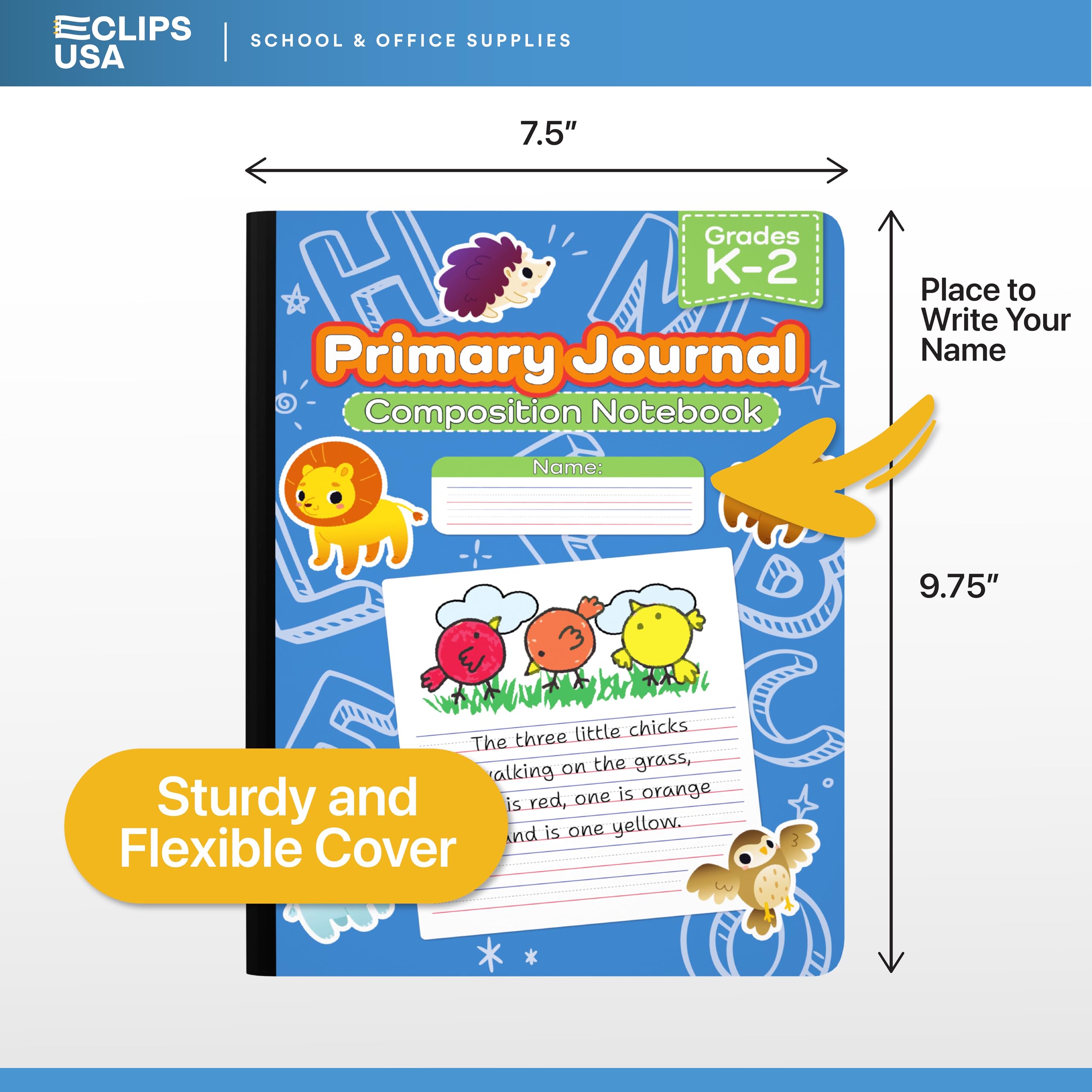 E-CLIPS USA Quaderno per composizione primaria K-2, a righe, per scrittura primaria, per bambini, 100 fogli, 200 pagine, 19 x 24,8 cm, confezione da 48 pezzi, assortiti