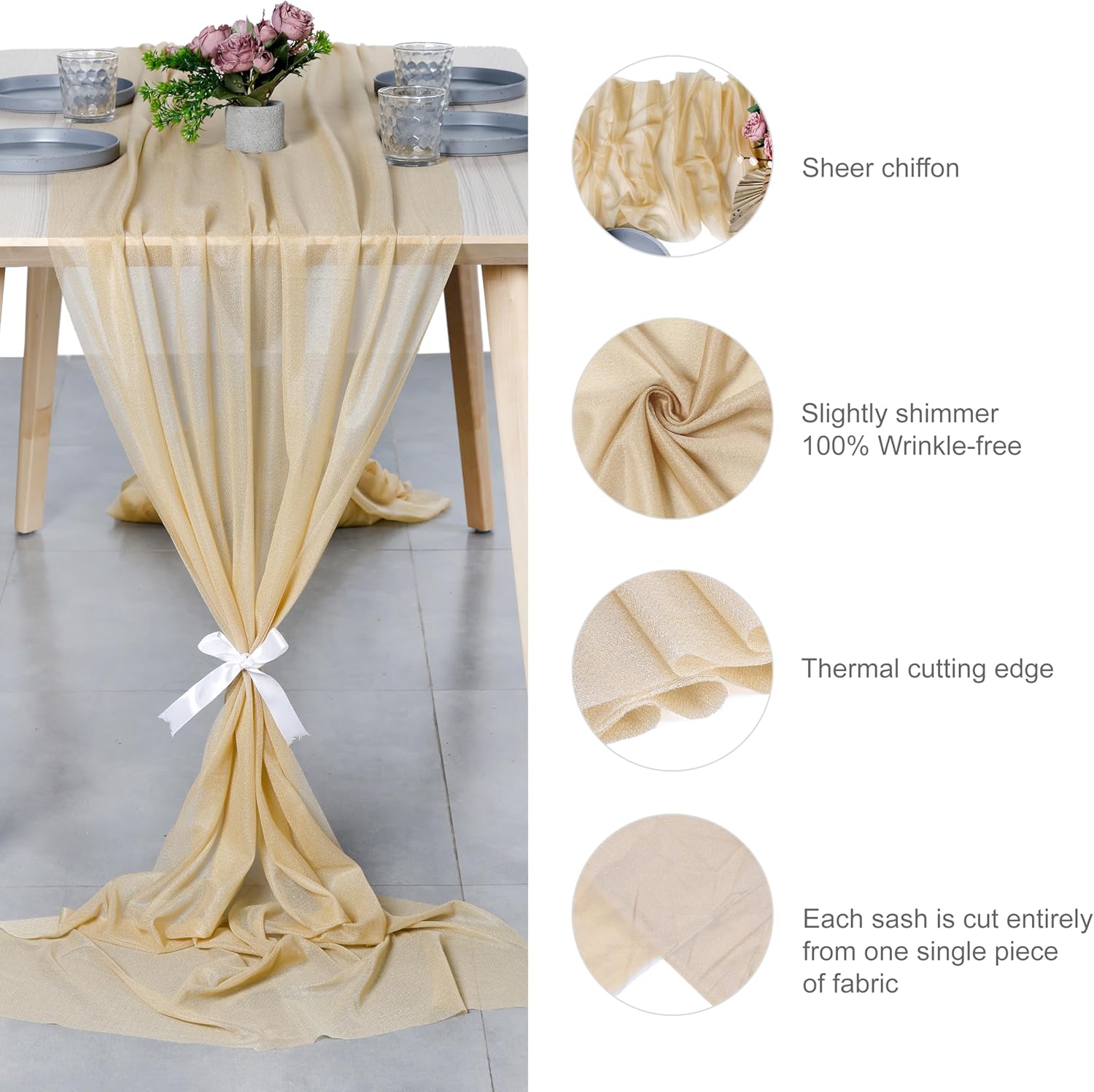 MDS 10 Pack 14ft Chiffon Table Runner 29 x170 Inches Sheer Wedding Runner Romantic Rustic Table Runner for Wedding Decorations, Birthday Parties, Bridal Shower Party Arch Decor - Champagne Gold