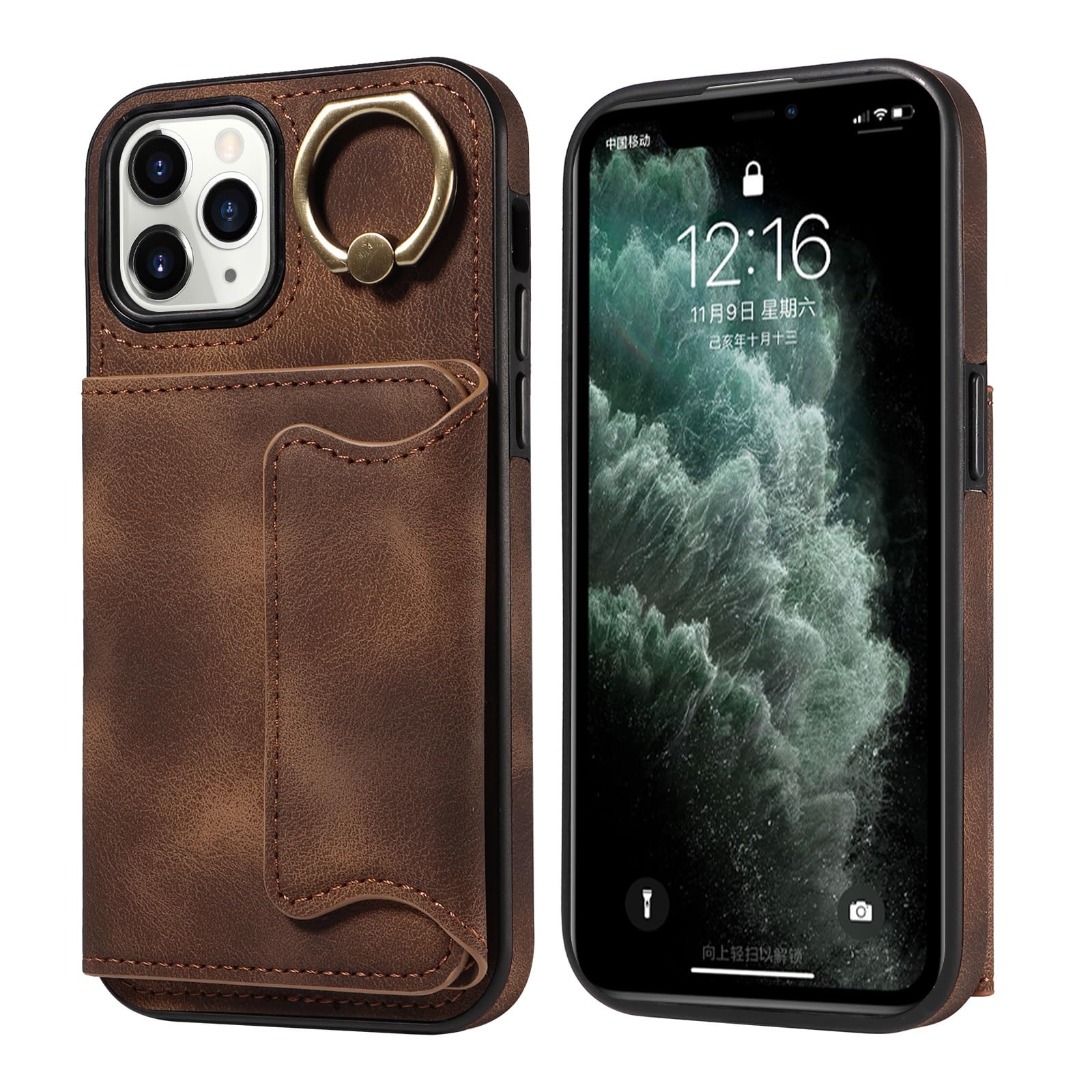 Coque iPhone 11 Pro antichoc en cuir PU marron avec double fermoir aimanté - 8