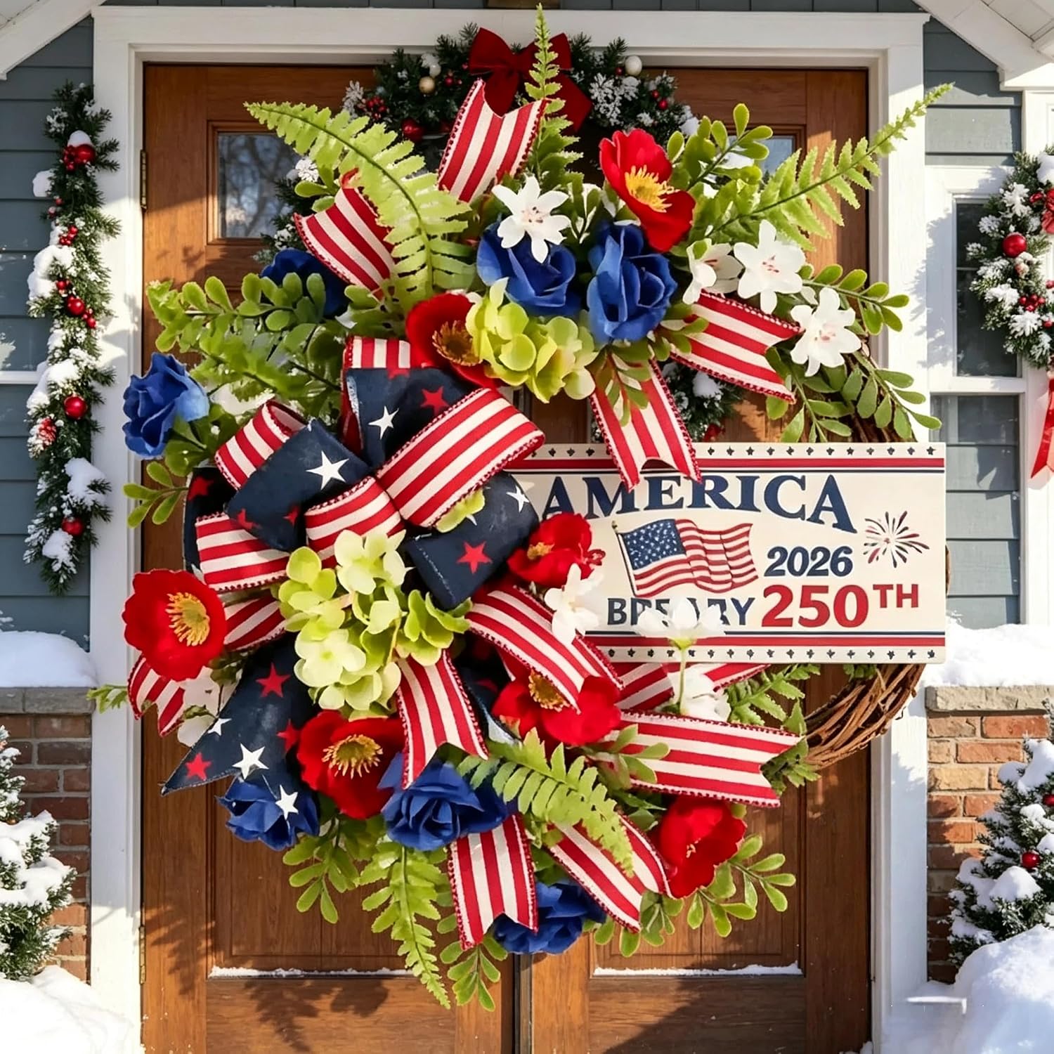 2PCS Patriotic Wreath for Front Door Red White Blue Flowers Outdoor 250th Anniversary 4th of July American Flag Bow Wreath for Memorial Day Independence Day Inside Outside Home Decor