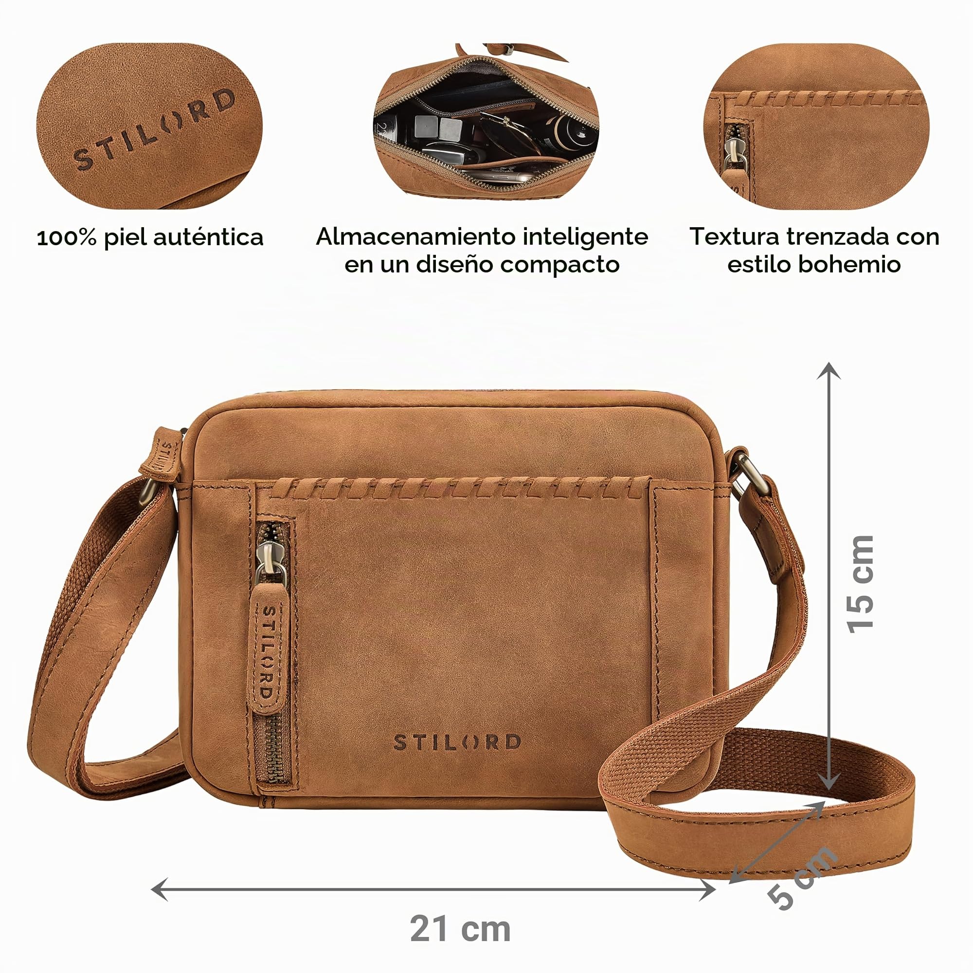 STILORD Marisa Bolso Bandolera Mujer Pequeño Cuero Boho - Bolsa de Hombro Estilo Crossbody Bag en Piel Auténtica con Cremallera para Colgar para Cada Día Color:Tan-marrón-Oscuro