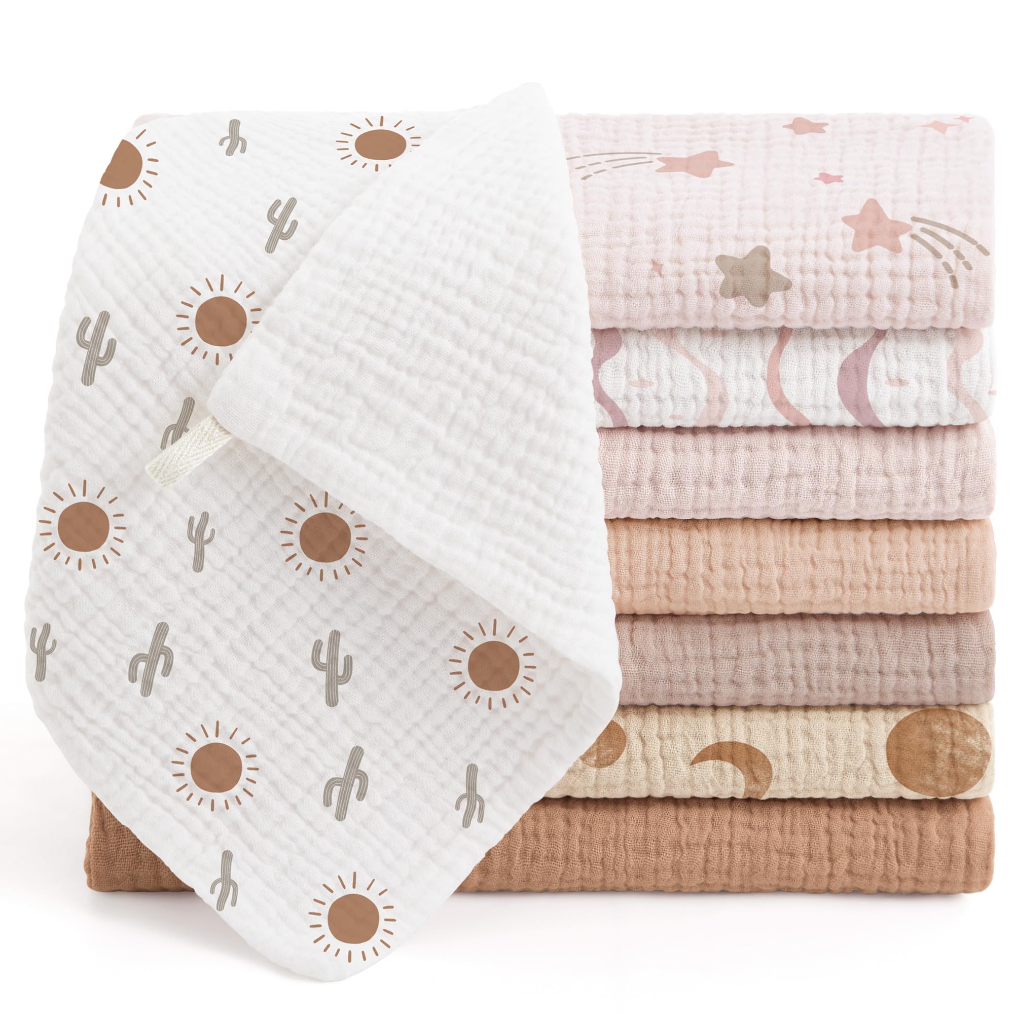 bearmoss Muslin Squares Cloths 100% Cotton Baby Burp Cloth 25x25CM Large Ultra-Absorbent Burp Cloth Soft Baby Face Towel for Newborn Baby Boy and Girl, 8Pack (Pink brown)