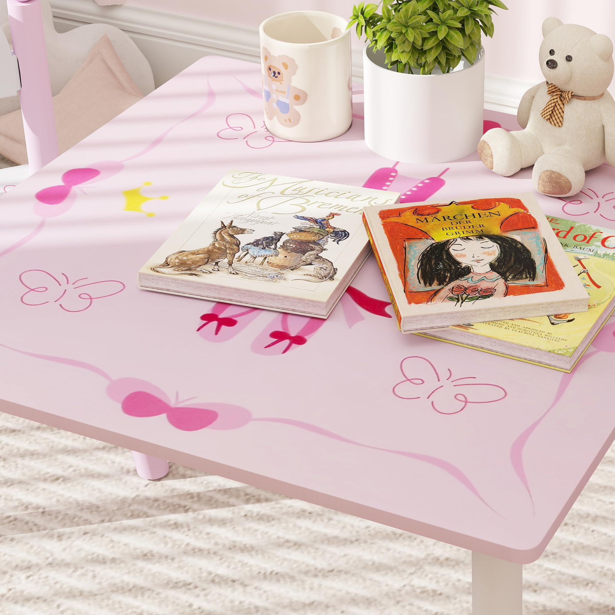 AIYAPLAY Tavolo e sedie per bambini 3 pezzi stile principessa Rosa e bianco