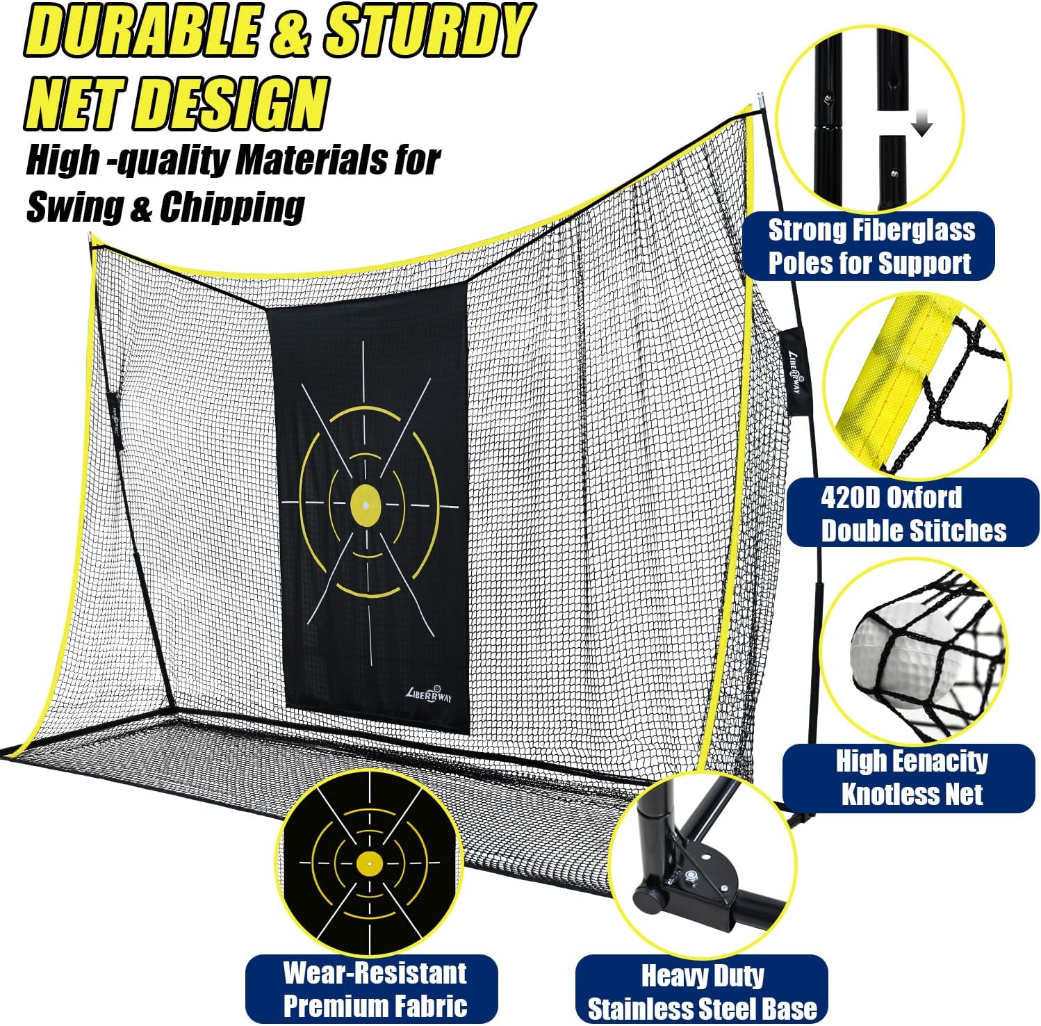 LIBERRWAY Golf Practice Net, 10x7x3ft Heavy Duty Driving Range Net with Tri-Turf Mat, 6 Golf Balls, 8 Tees & Carry Bag, Gifts for Golfers - Image 3