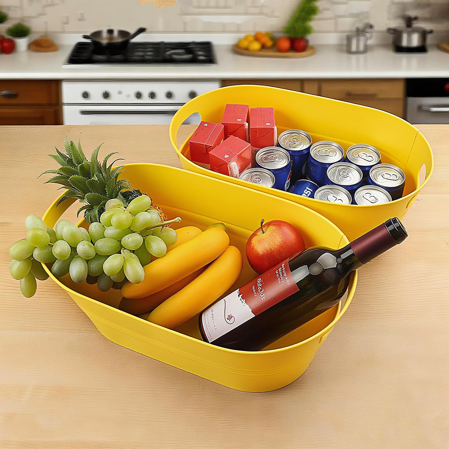 2 vaschette in metallo zincato giallo con manici, 38,9 x 22,9 x 15,2 cm, per feste, grandi secchi per bevande in metallo per birra, vino, cocktail ed eventi all'aperto