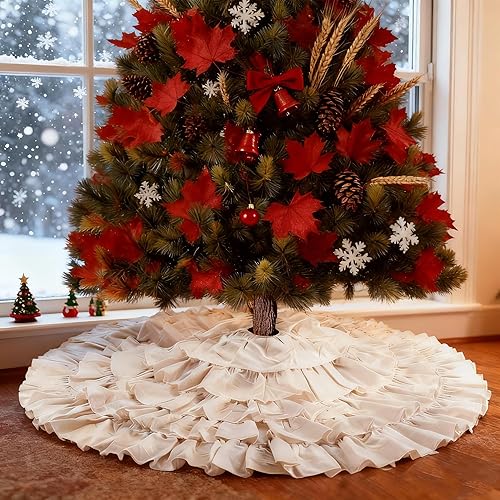 yuboo Falda de árbol de Navidad bohemia blanca, 48 pulgadas, 6 capas, rústica, esponjosa, con volantes, para decoraciones de Navidad bohemias
