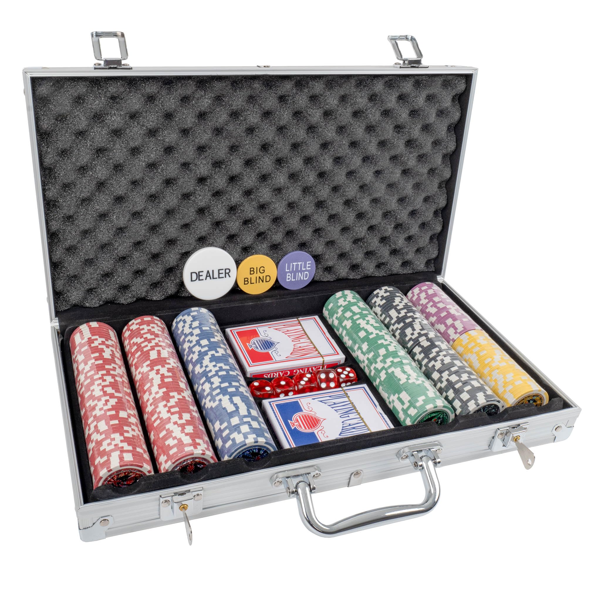 H&F Heimtextilien Walizka pokerowa 500 żetonów – duży zestaw do pokera premium z 6 poziomami wartości, 2 taliami na karty, kostkami i guzikami krupiera w aluminiowej walizce