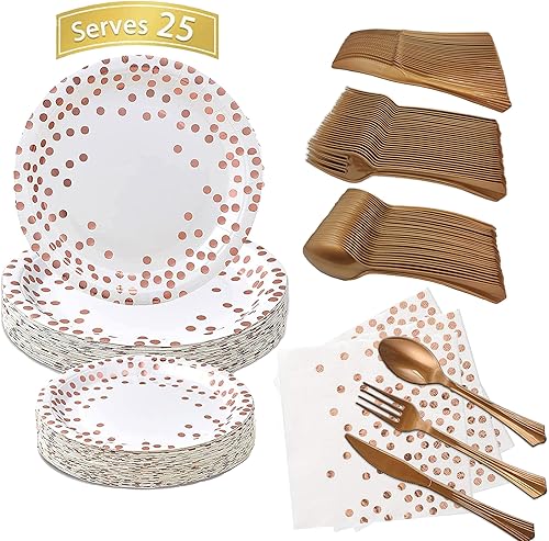 Juego de vajilla desechable de 150 piezas de oro rosa para fiestas, sirve 25 platos de papel de lunares dorados, servilletas, tenedores de plástico,