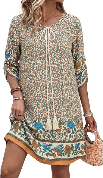 HOTOUCH Boho Dresses for Women Casual Beach Summer Dress V Neck 3/4 Long Sleeve Short Floral Print Swimsuit Cover Up Sundress