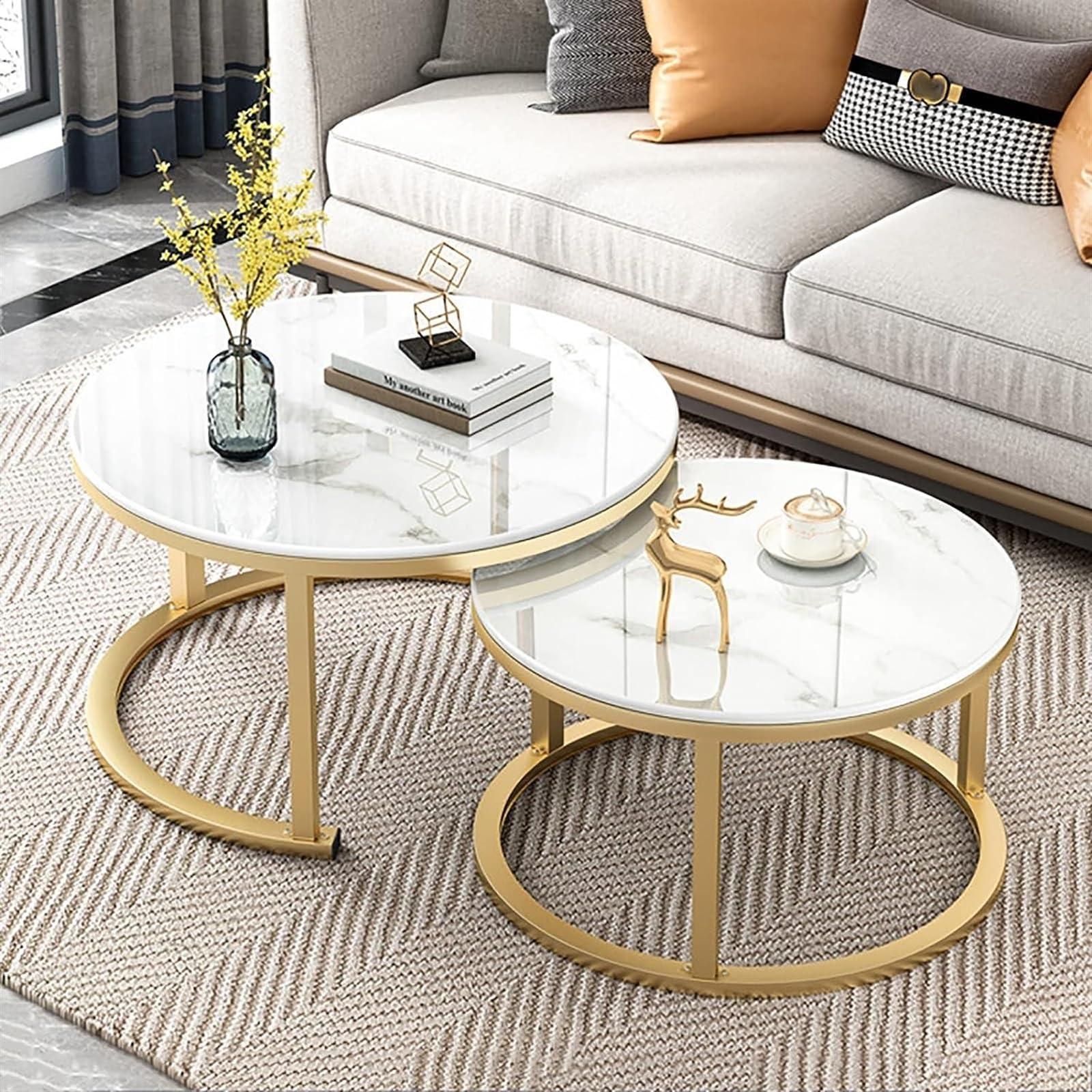 Set 2 Tavolini Da Caffè Nido Rotondi Moderni - Con Vetro Temperato, Design A Risparmio Spazio Per Soggiorno/Balcone/Ufficio