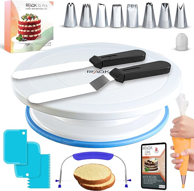 Cake Turntable and Leveler-Rotating Cake Stand with Non Slip Pad-7 Icing Tips and 20 Bags- Straight & Offset Spatula-3 Scraper Set -E Book-Cake Decorating Kit -Baking Tools & Accessories