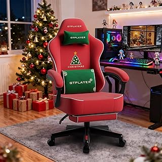 GTPLAYER Gaming Stuhl Weihnachtsmotiv, Gaming Chair mit Fußstütze, extra breite Sitzfläche, mit Federkissen 150KG für große und kräftige Personen【Samt】