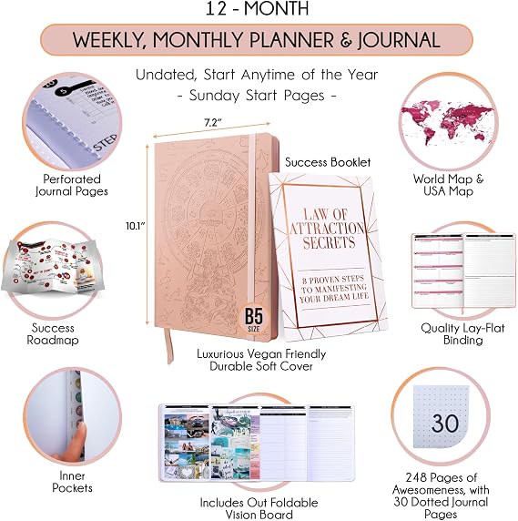 Deluxe Weekly and Monthly Planner | Law of Attraction Planner with Productivity App | 12-Month for Productivity, Gratitude & Goal Setting | Includes Foldable Vision Board, Gift Box & Stickers