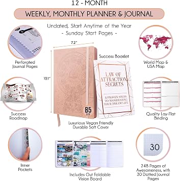 Deluxe Weekly and Monthly Planner | Law of Attraction Planner with Productivity App | 12-Month for Productivity, Gratitude & Goal Setting | Includes Foldable Vision Board, Gift Box & Stickers