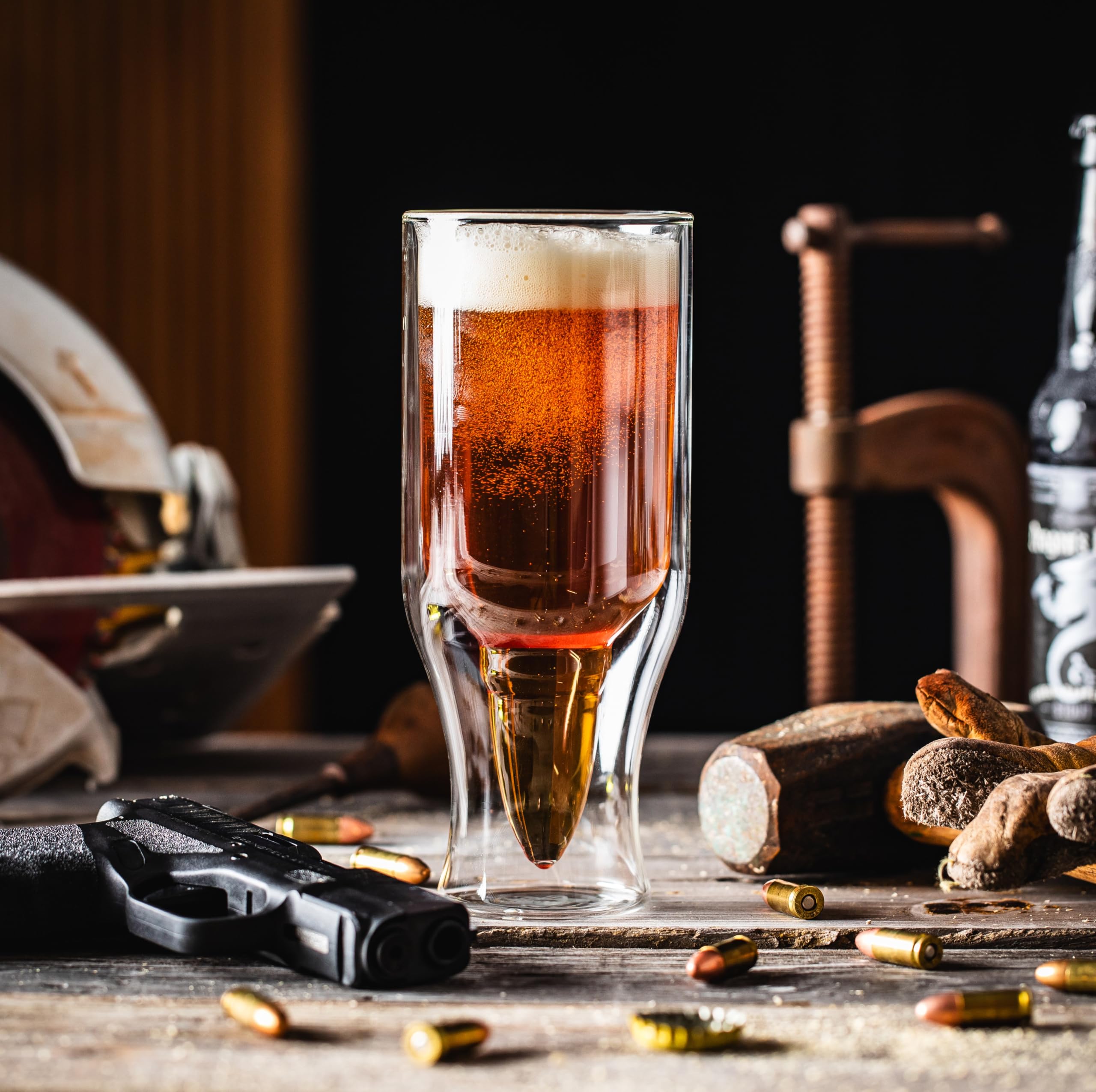 Amazon.com | Quantum Lux 50 Caliber Bullet Shape, Borosilicate Beer Glass,  Double Wall Construction | Gifts for Men Gifts for Husband Bullet Beer Glass  (Pack of 2): Beer Glasses