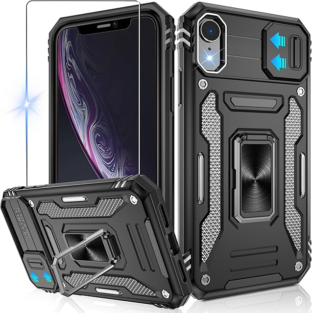 Jshru for iPhone XR Case with Screen Protector and Slide Camera Cover [Upgrade],iPhone XR Shockproof Phone Case with Ring Kickstand, Anti-Scratch Armour Phone Cover for iPhone XR,Black