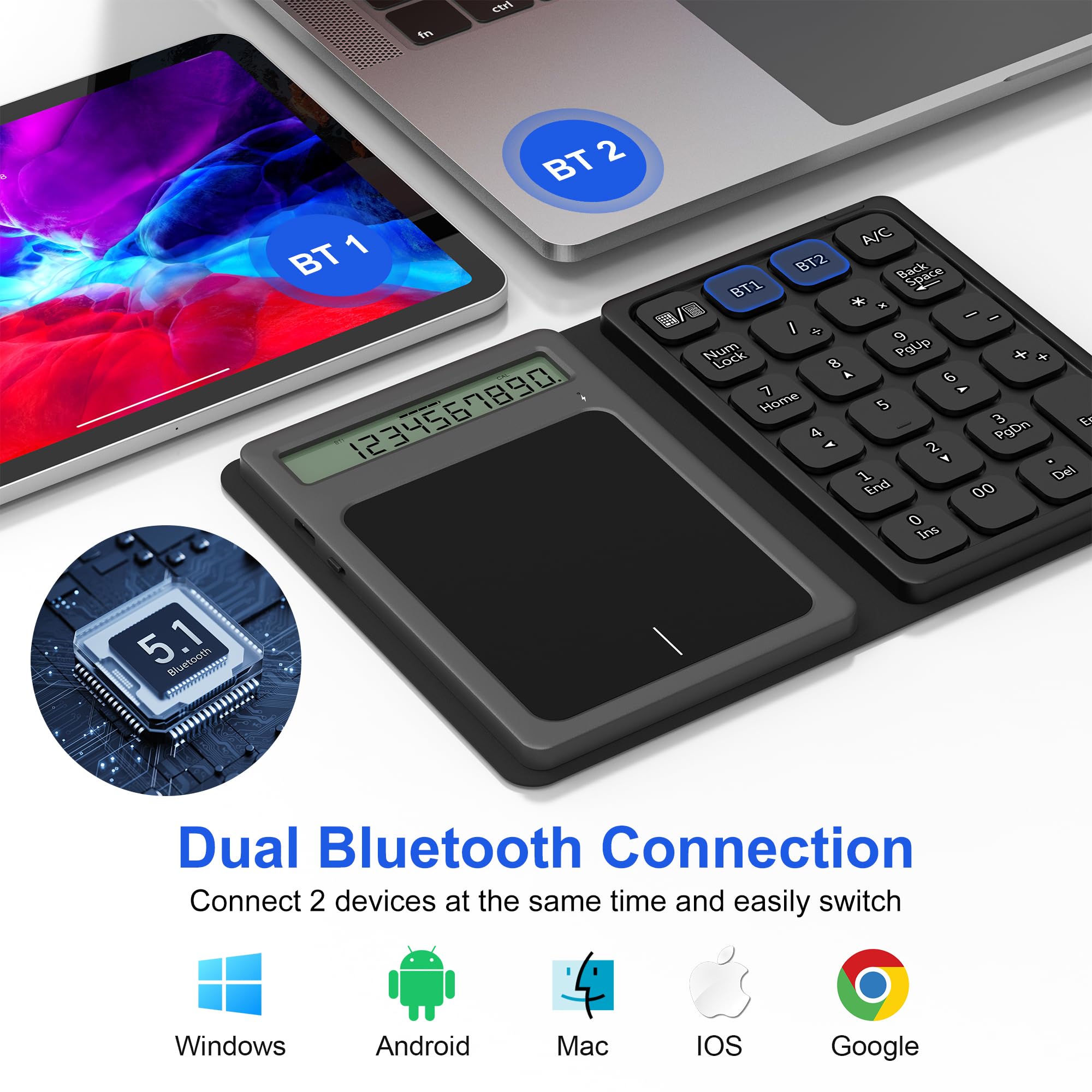 Tastierino numerico Bluetooth con calcolatrice & trackpad - Tastierino numerico wireless portatile pieghevole ricaricabile a 23 tasti, trackpad Bluetooth, inserimento dati e calcolo, track pad 3 in 1