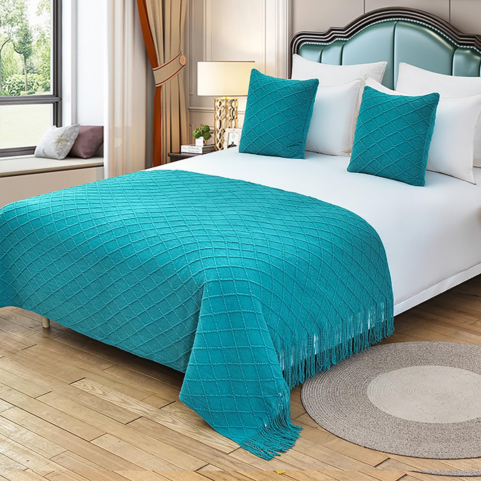 camino de cama Caminos de cama y cojines a juego, bufanda de Hotel, decoración de cojines, fundas de sofá con flecos Jacquard for decoración del hogar y dormitorio)(Blue,130*260cm for 180cm bed)