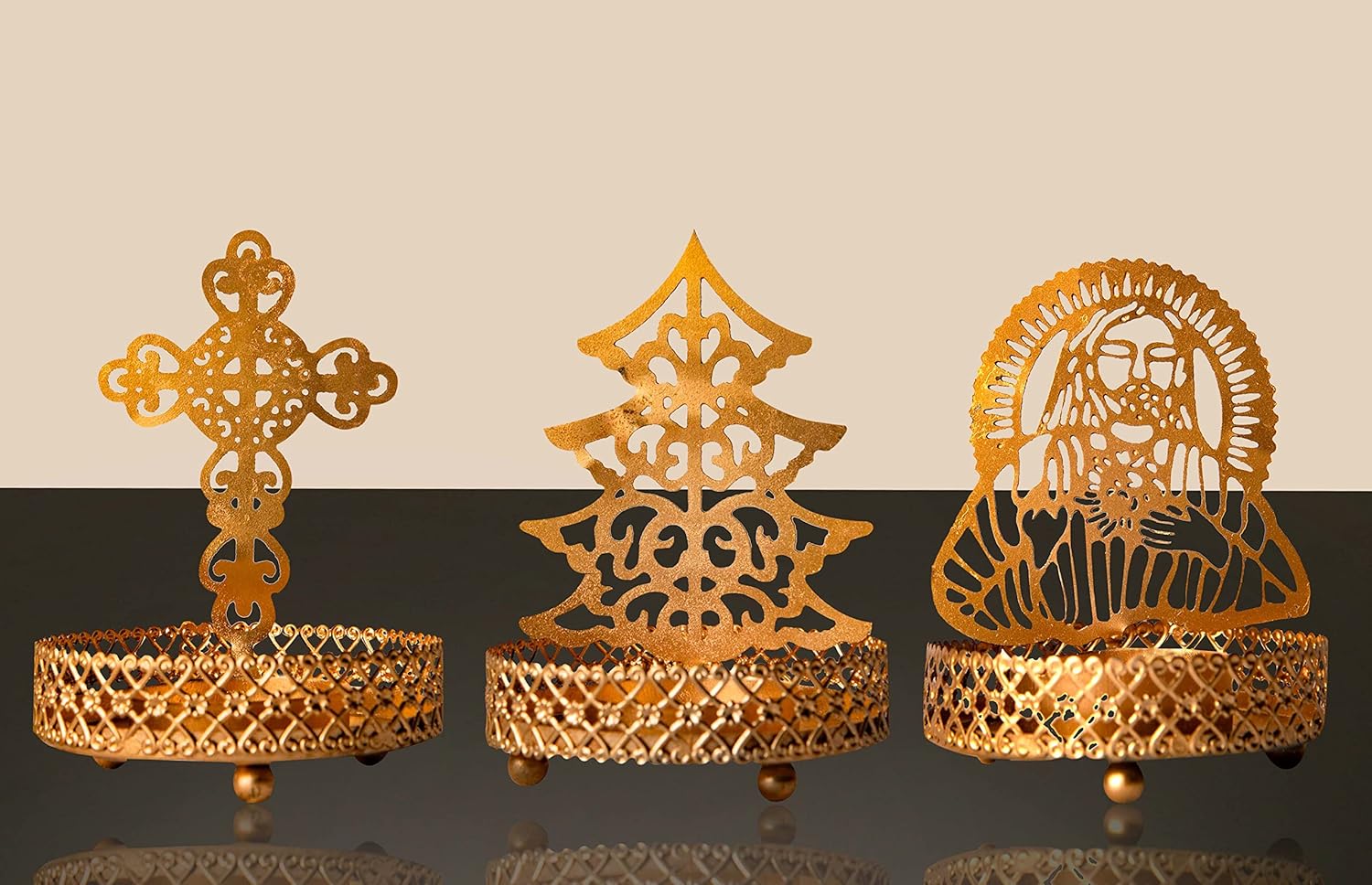 Wonder Care Jesus Tree & Cross Tea Light Stand | Christmas Decorations | Decor for Christmas Table Centerpiece | Multi Pack of 3