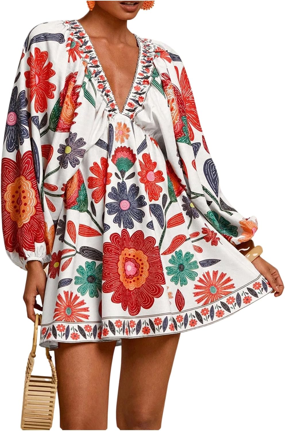 WDIRARA Women's Boho Floral V Neck Short Dress Lantern Sleeve Tie Back Flowy Tropical Dresses