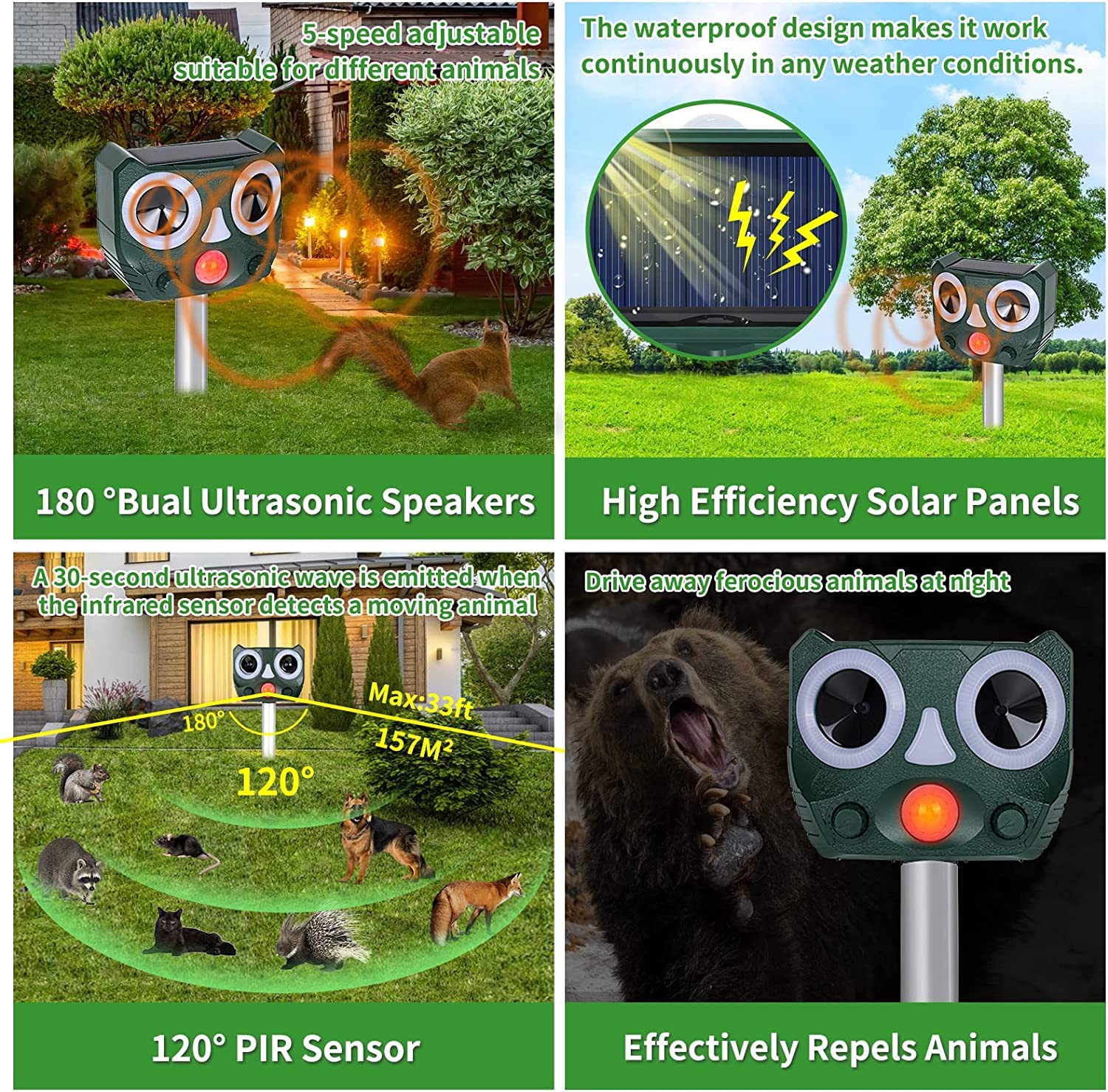 2024 2X Répulsif Chat Exterieur, Répulsif Chat Ultrason Solaire, Ultrason Anti Chats, Charge De Solaire USB, Répulsif Animaux Pour