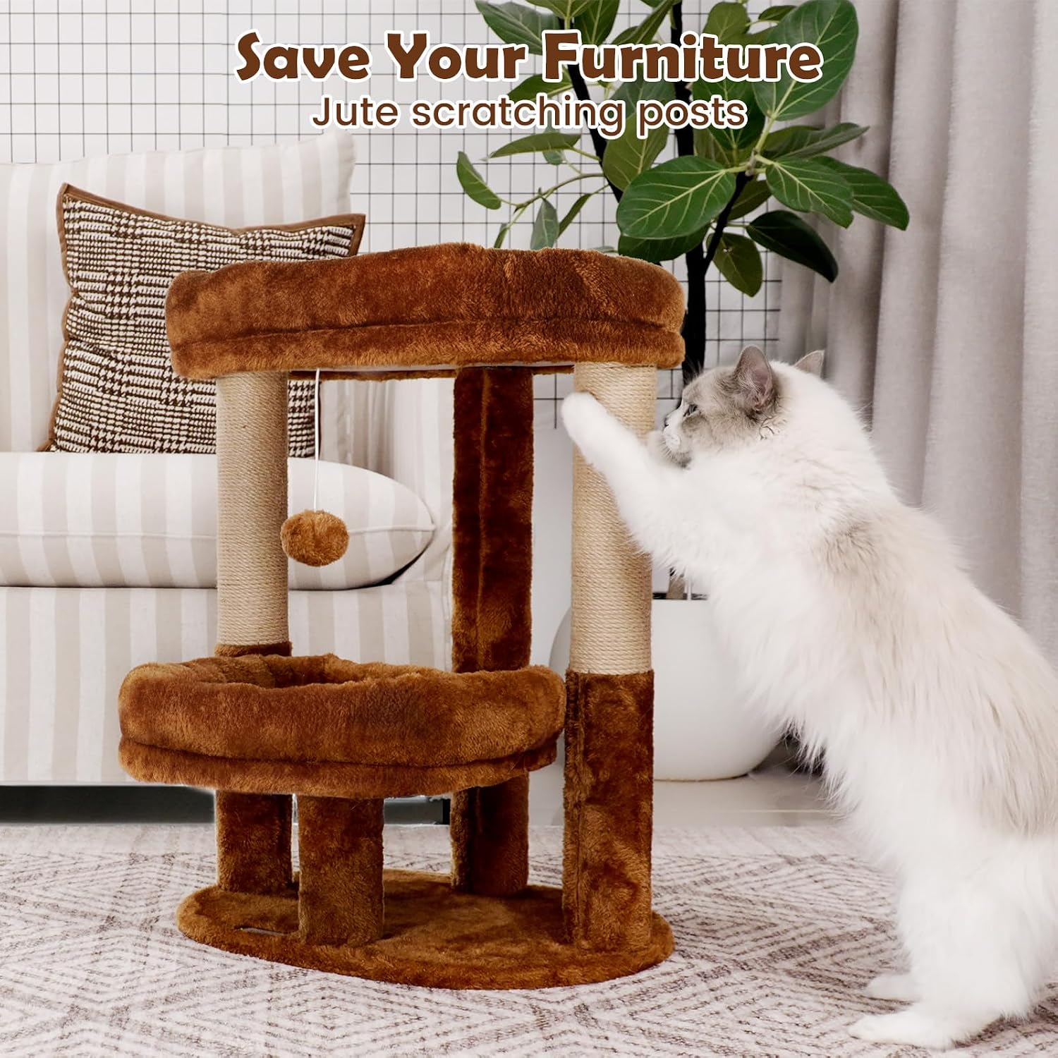 Cat Tree for Indoor Cats, 2-Tier Cat Tower with Padded Donut Beds, Stable Structure, Sisal Scratching Posts & Hanging Ball Toy, Modern Cat Furniture (Mocha Brown)