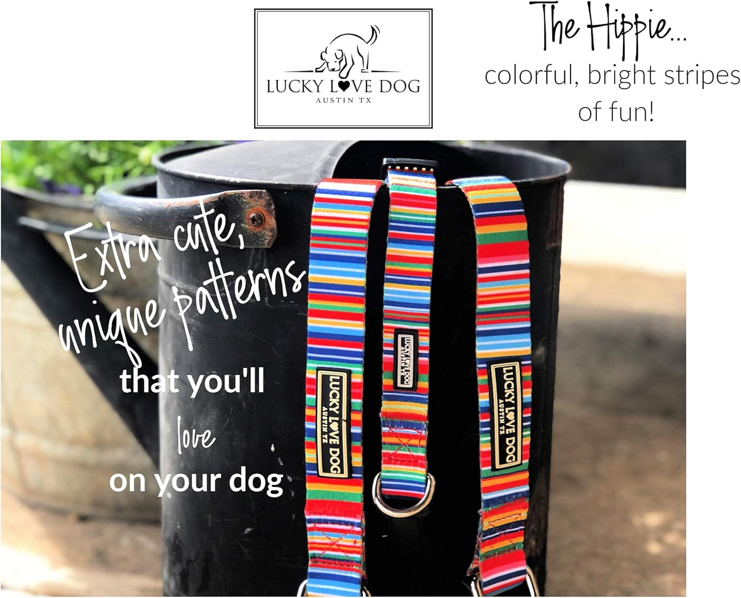 Lucky Love Dog Harness Leash Bundle, Easy to Walk, No Pull Dog Harness, Adjustable Custom Fit (Hippie, Small)