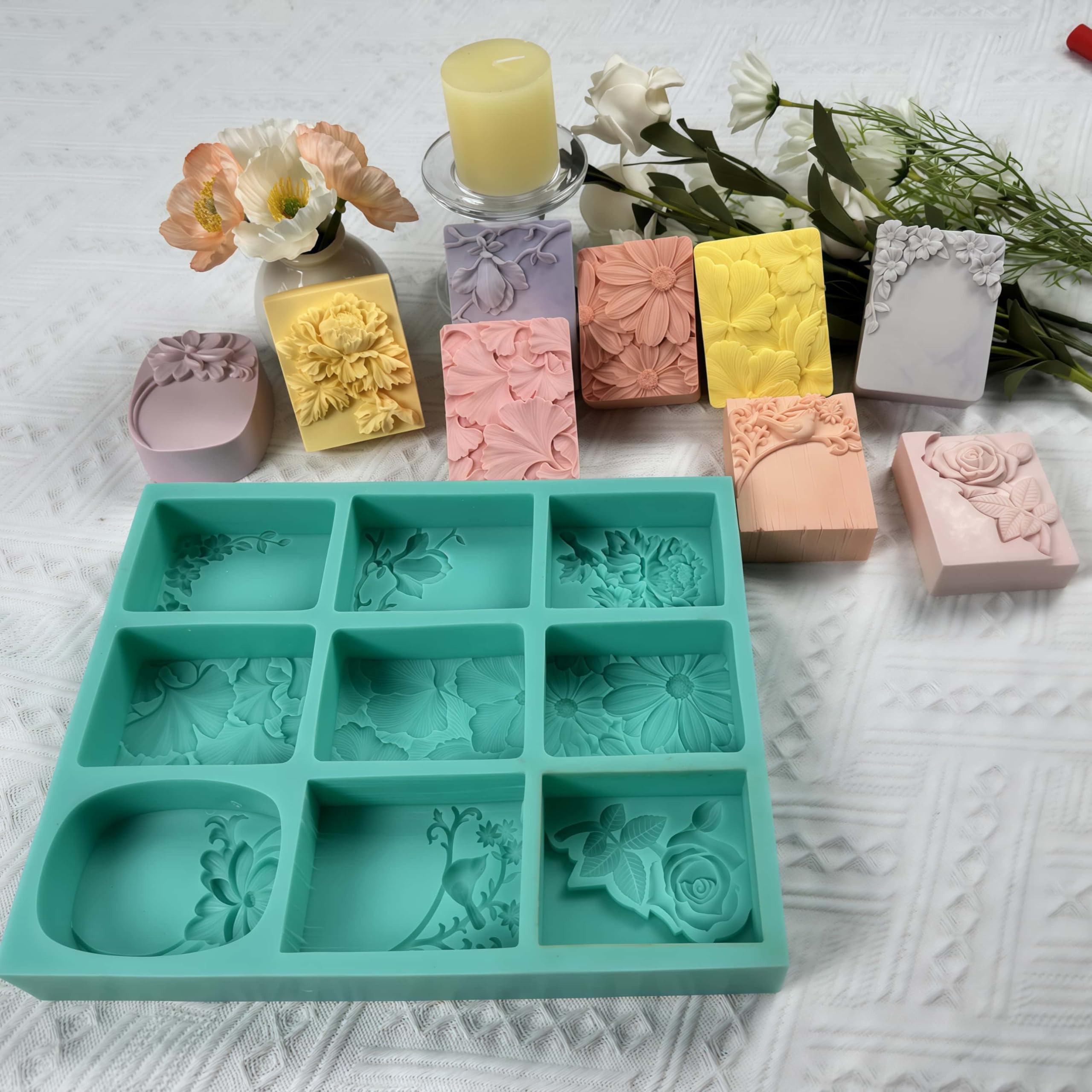 Molde de jabón de flores mixtas de 9 cavidades, bandeja de silicona hecha a mano, molde de silicona de flores para jabón natural, cera perfumada, difusor de yeso, decoraciones epoxi de cristal (IB-9