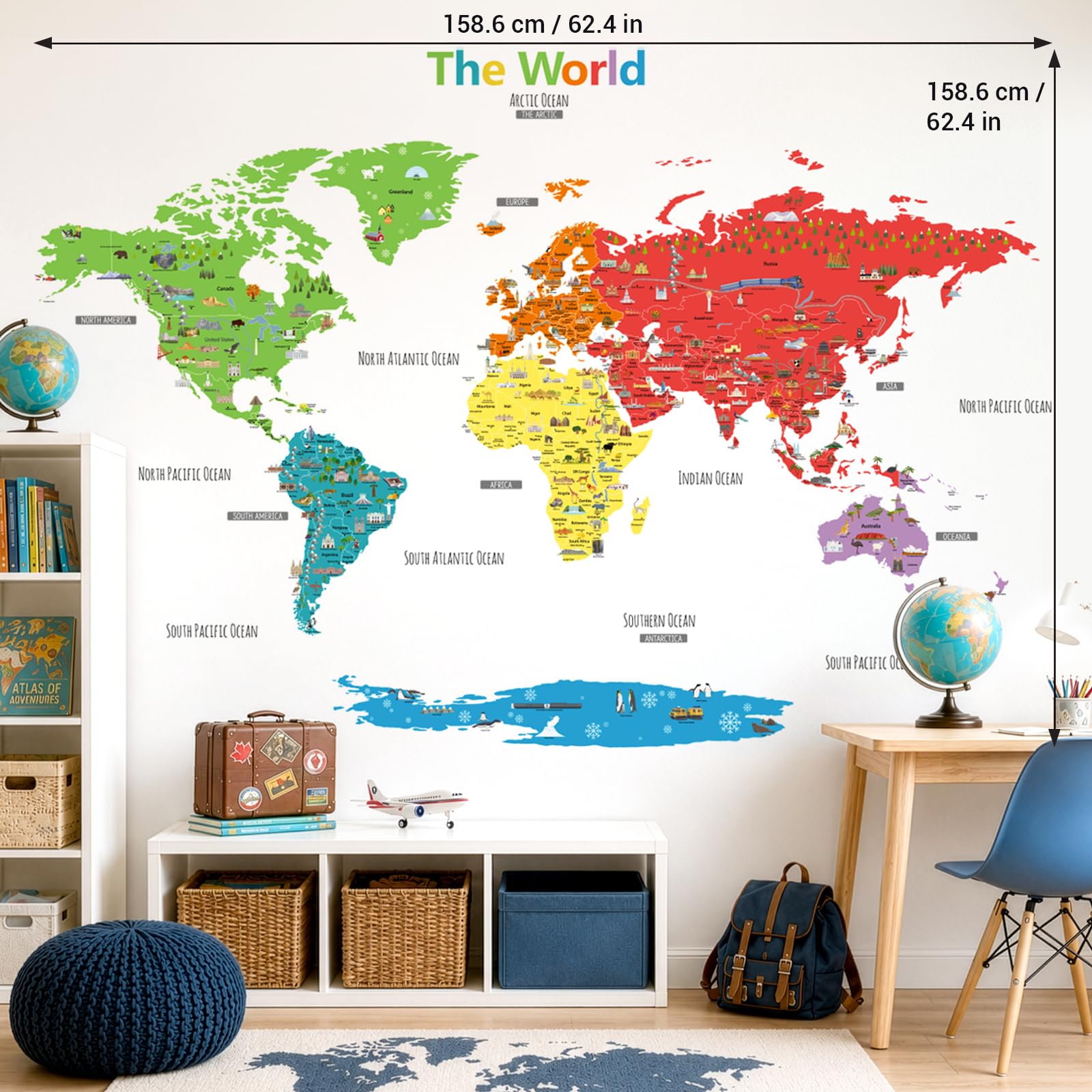 DECOWALL DL3-1902N Extra grande Mapa del Landmark Vinilo Pegatinas (158x109 cm) Decorativas Adhesiva Pared Dormitorio Saln Guardera Habitaci Infantiles Nios Bebs