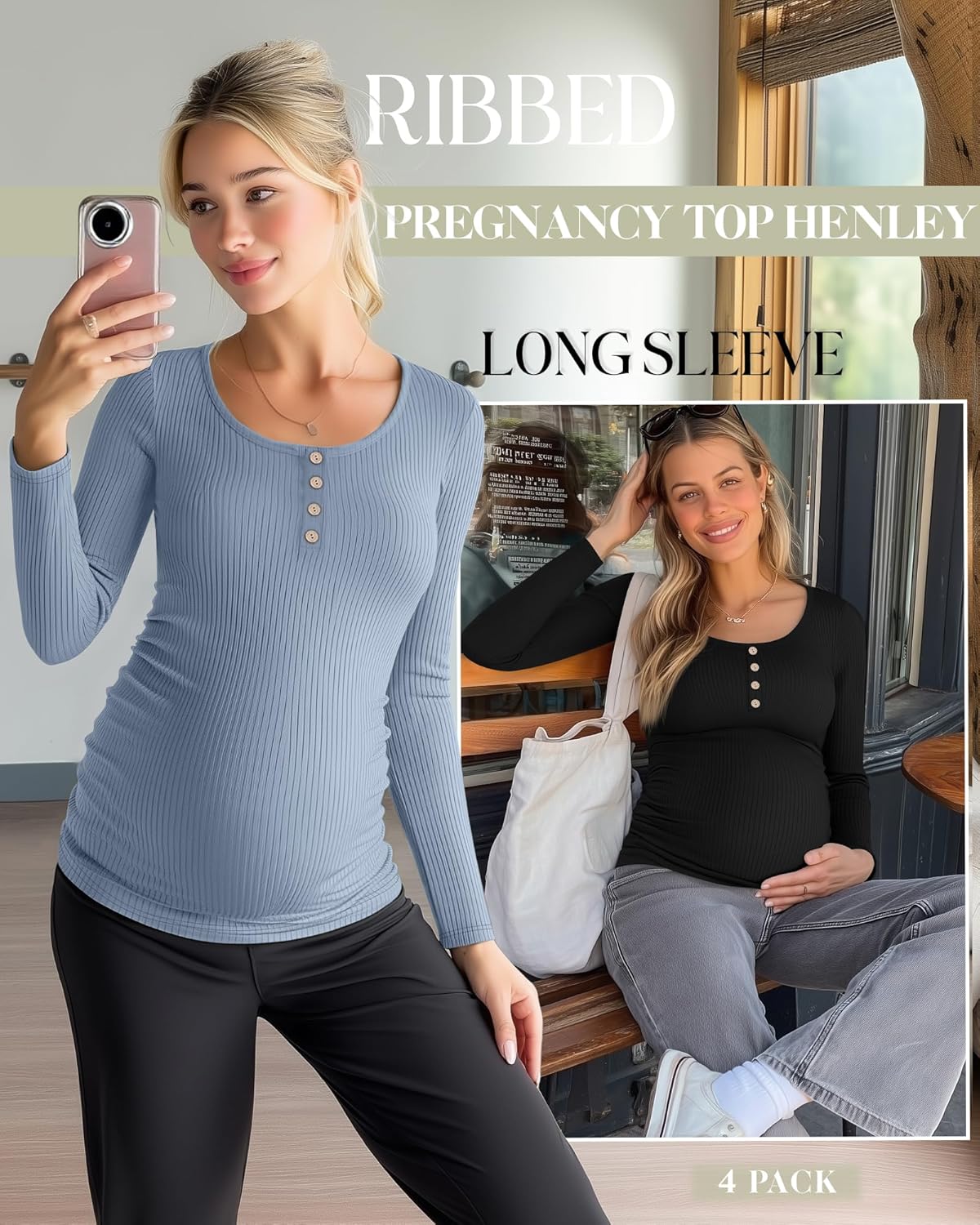 4 Pack Womens Maternity Shirts Cotton Scoop Neck Long Sleeve Ribbed Pregnancy Top Henley Side Ruched Mama Clothes - Image 2