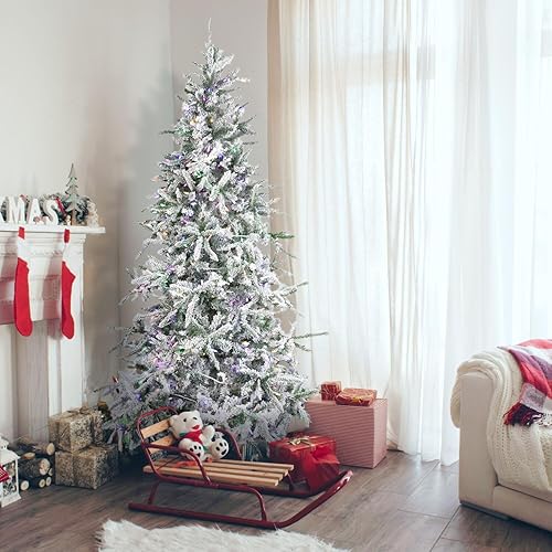 Miniatura 12 de Fraser Hill Farm - Árbol artificial de Navidad nevado Mountain Pine de 9 pies, con luces LED de color multicolor y blanco cálido y soporte,