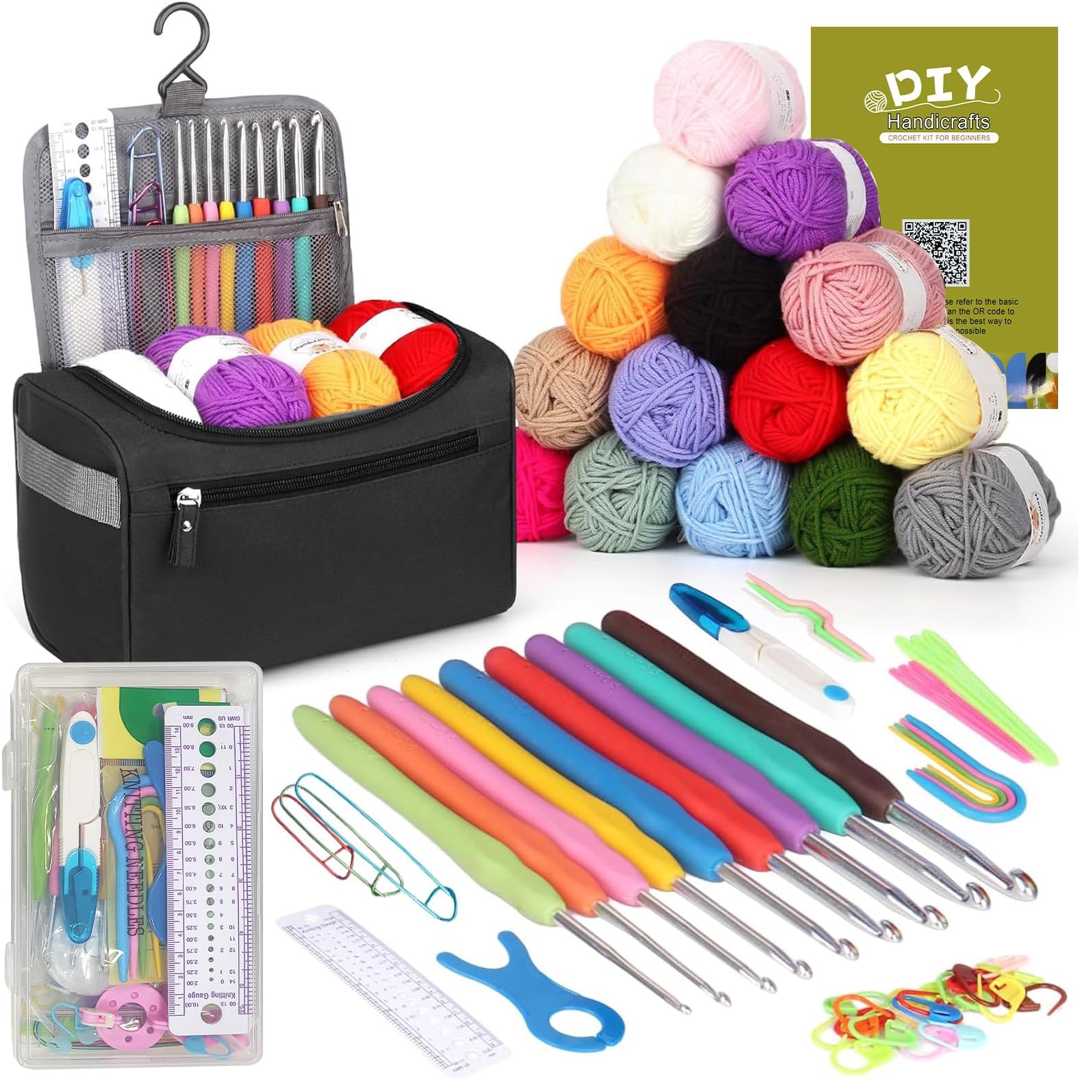URbazaar Crochet Kit, Beginners Crochet Hook Set, Knitting Starter Kits, Crochet Starter Kits with Bag, Crochet Hook Set,Crochet Yarn Kit,Crochet Accessories (Black-69pcs)