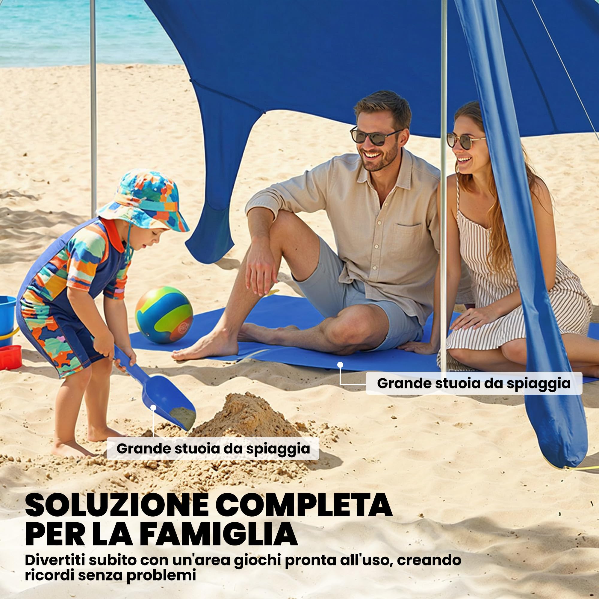Outsunny Tenda da Spiaggia per 2-4 Persone, Tenda Mare con Tappetino e Pala, Protezione Solare UPF50+, Pali in Alluminio e Picchetti, Resistente al Vento, 200x208x200 cm