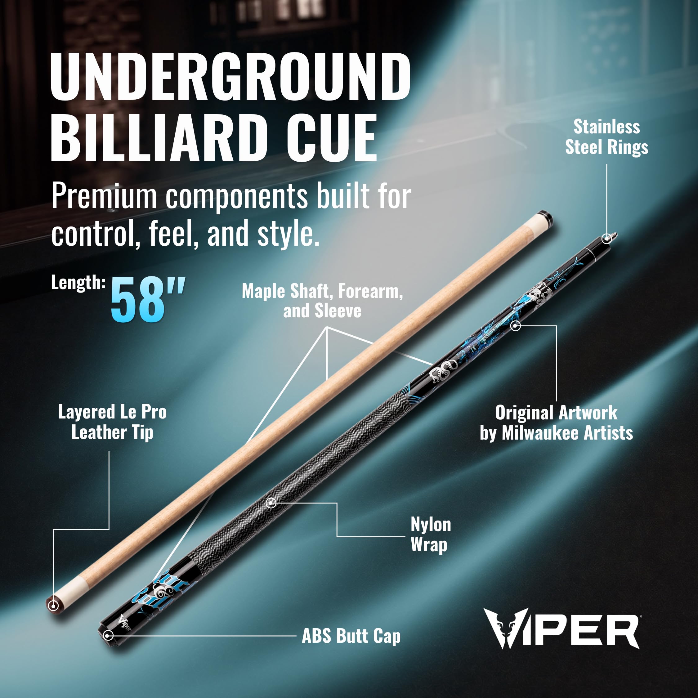 Viper Underground Billardqueue, Rock & Roll, 2-teilig, 147,3 cm