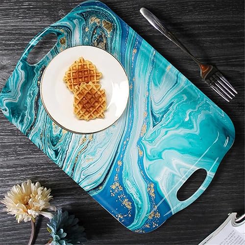 Miniatura 9 de Bandeja decorativa con asas, bandejas rectangulares multiusos para restaurante, fiestas, mesa de café, cocina, patrón de mármol gris dorado