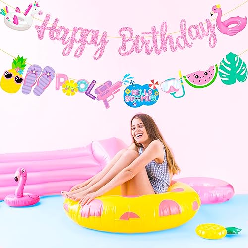 Miniatura 6 de Pancartas de fiesta de cumpleaños para piscina, 2 unidades, pancartas recortadas para fiesta de piscina, decoraciones de fiesta de piscina,