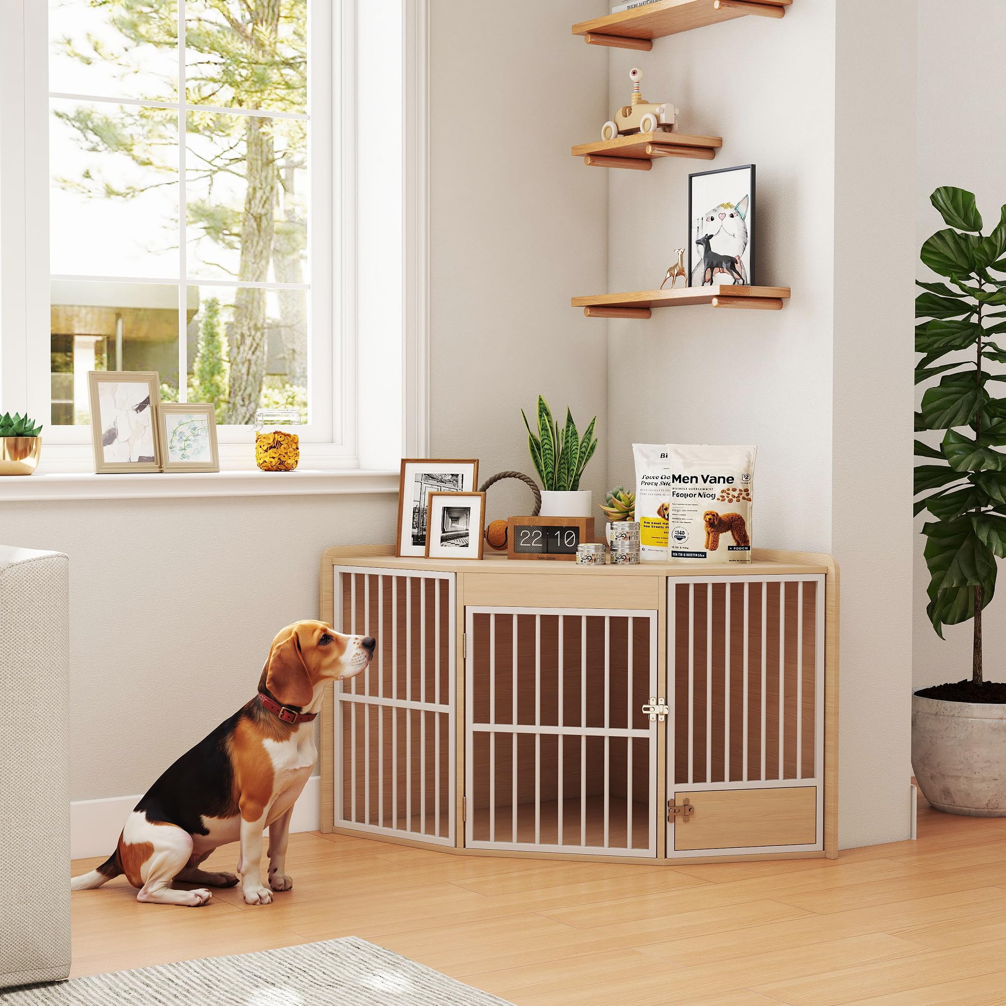 PawHut Cage d'angle pour Chien, Cage pour Chien intérieur avec Porte rotative, Table d'appoint pour Petits et Moyens, 113 x 80 x 64 cm, chêne