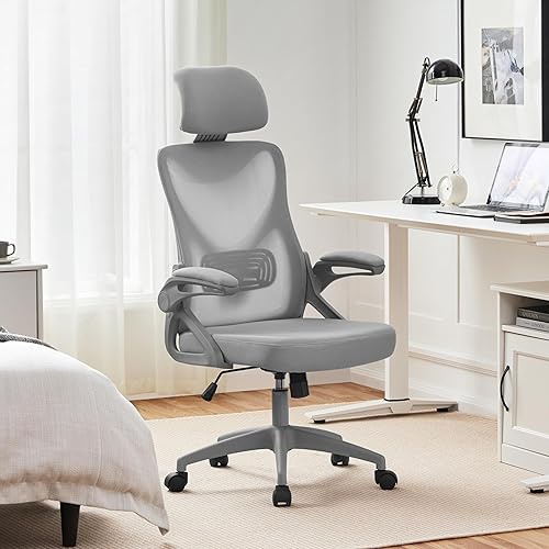 Miniatura 9 de Yaheetech Silla de oficina ergonómica de malla, silla de escritorio con respaldo alto con reposabrazos abatibles, silla de computadora acolchada