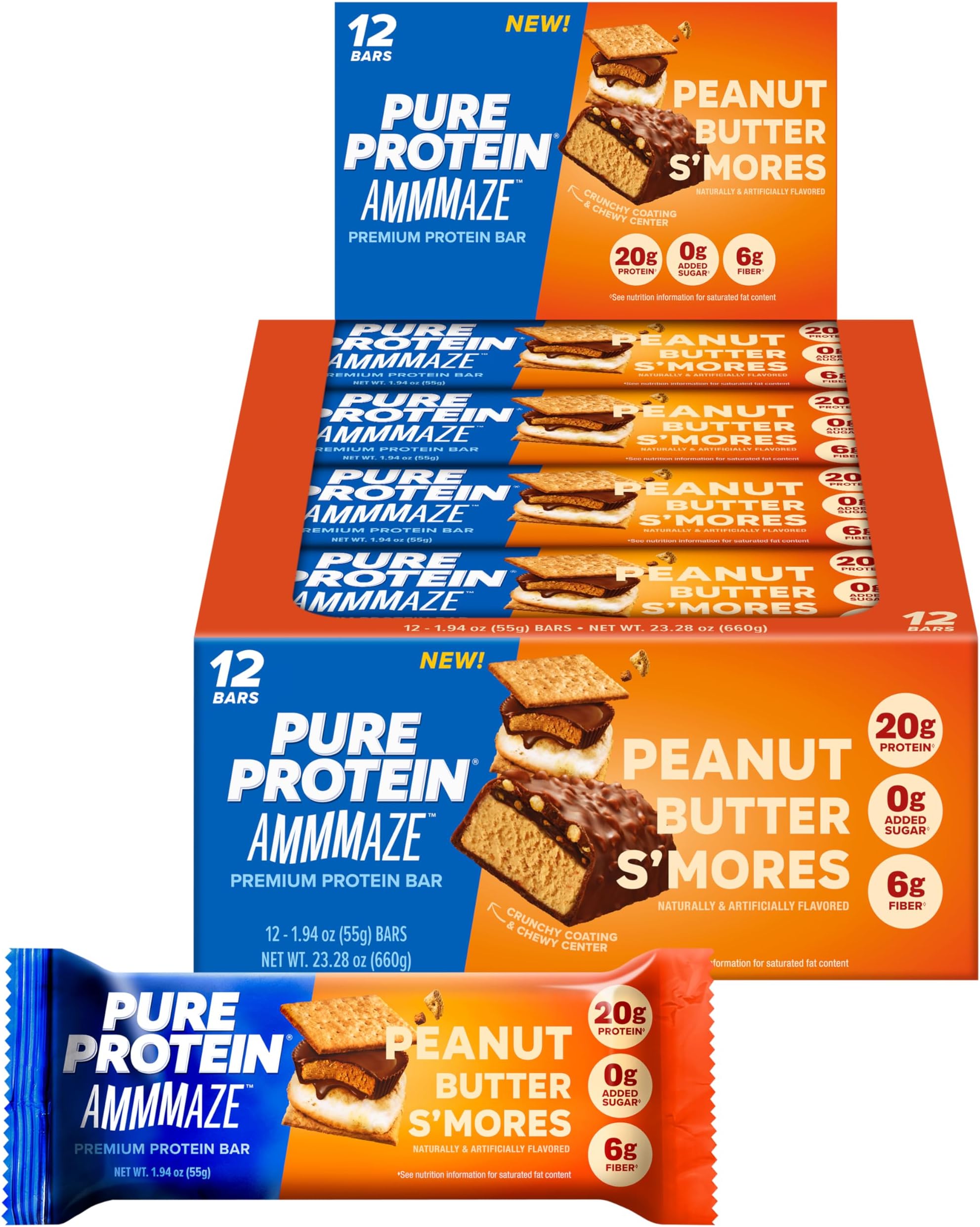 Pure Protein AMMMAZE Peanut Butter S’mores Protein Bars, 20g Protein, 12 Ct
