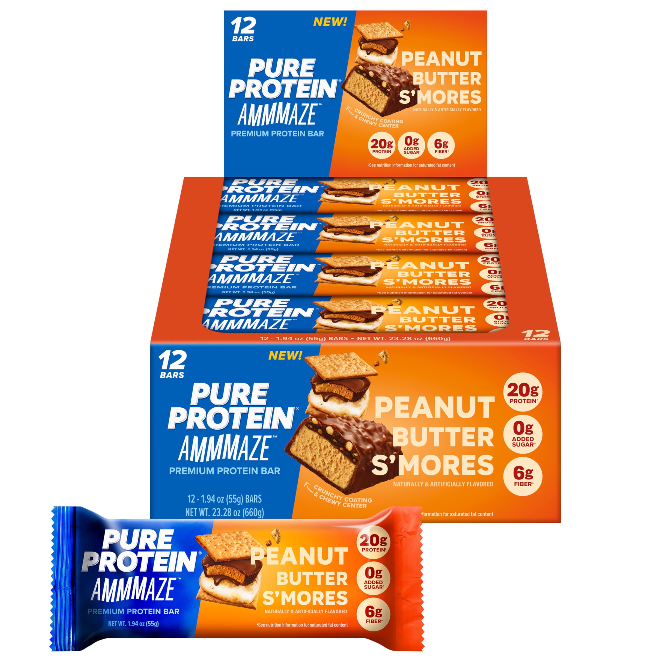 Pure Protein AMMMAZE Peanut Butter S’mores Protein Bars, 20g Protein, 12 Ct