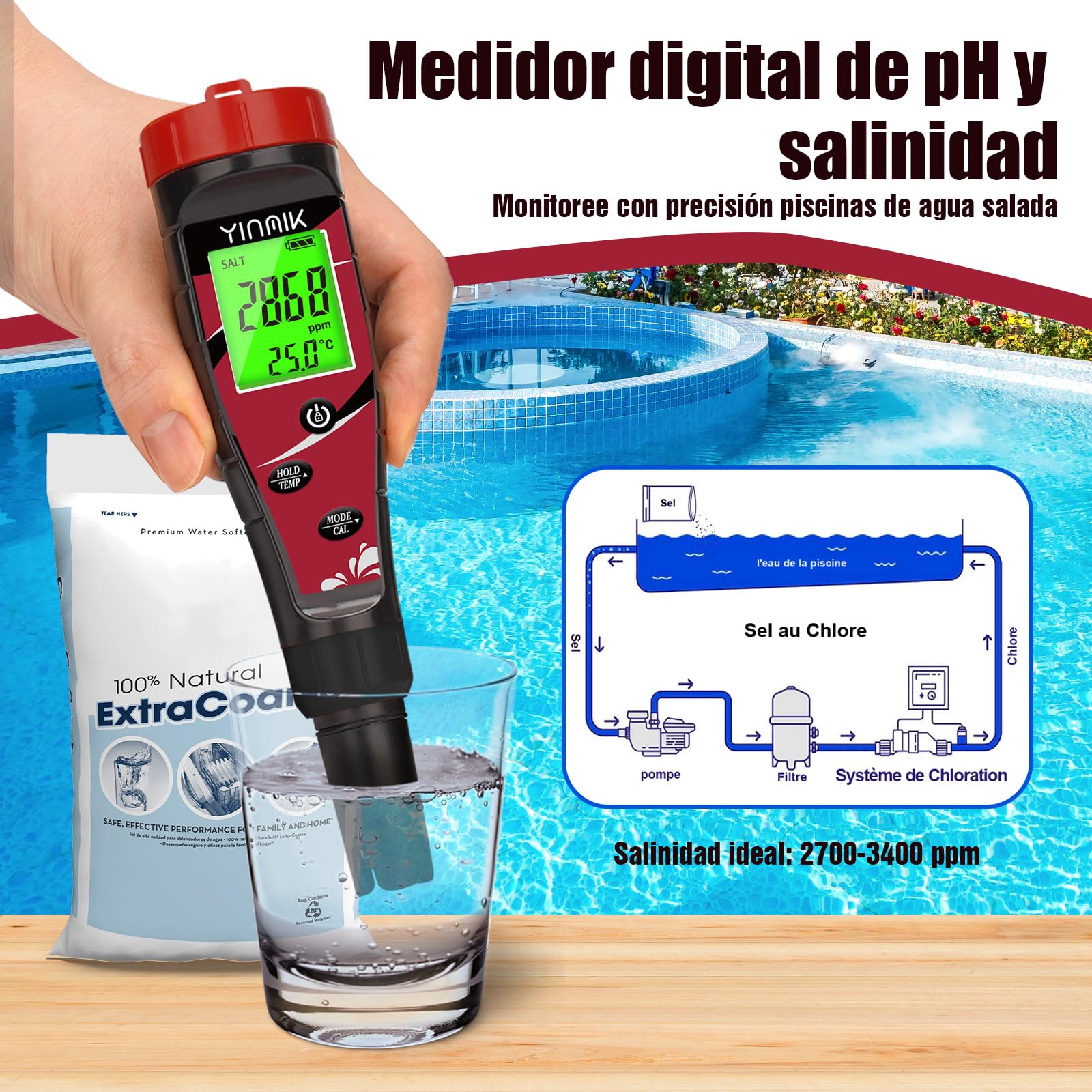 YINMIK Medidor de pH y Cloro Probador de Salinidad para Piscina Agua Salada