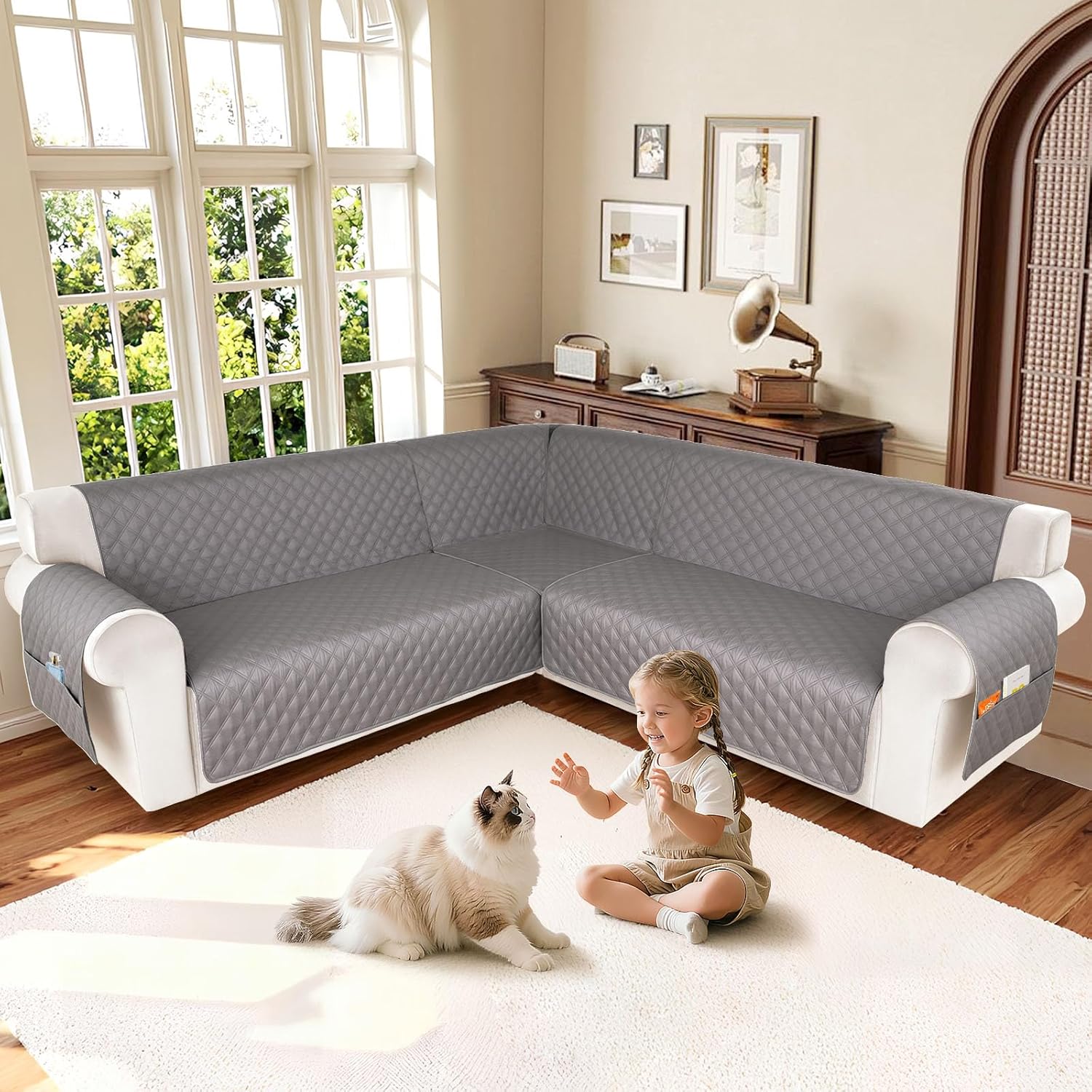 HDCAXKJ Waterproof Sectional Couch Cover L Shaped Sofa Covers Washable Corner Sectional Slipcovers Dog Pet Proof U Shape Furniture Protector with Upgraded Anti Slip Strips (XX-Large, Medium Gray)