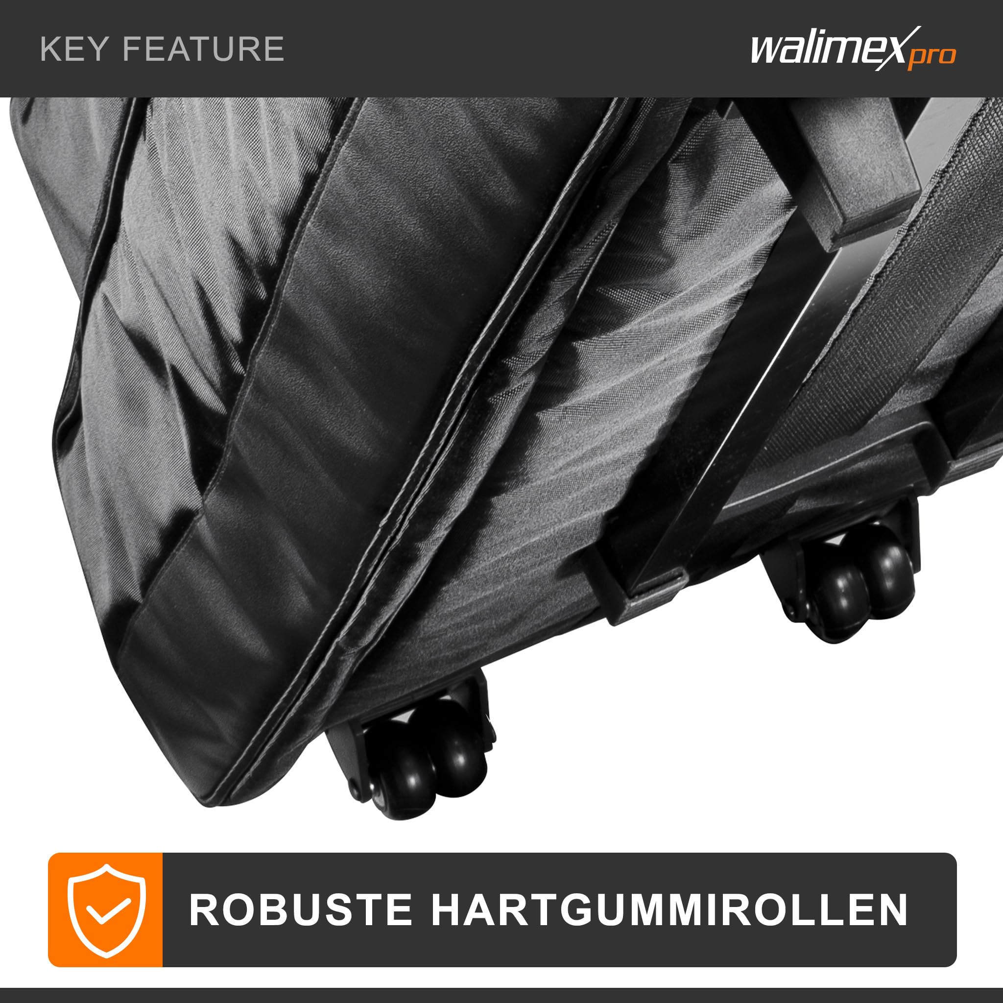 Walimex Pro Studio-Trolley XL – schwarz – 1027 x 379 x 324 mm – inkl. ausziehbaren Trolleygriffs, gepolsterten Schultergurts, variabler Inneneinteilung, Hartgummiräder – Stativtasche, Kameratasche
