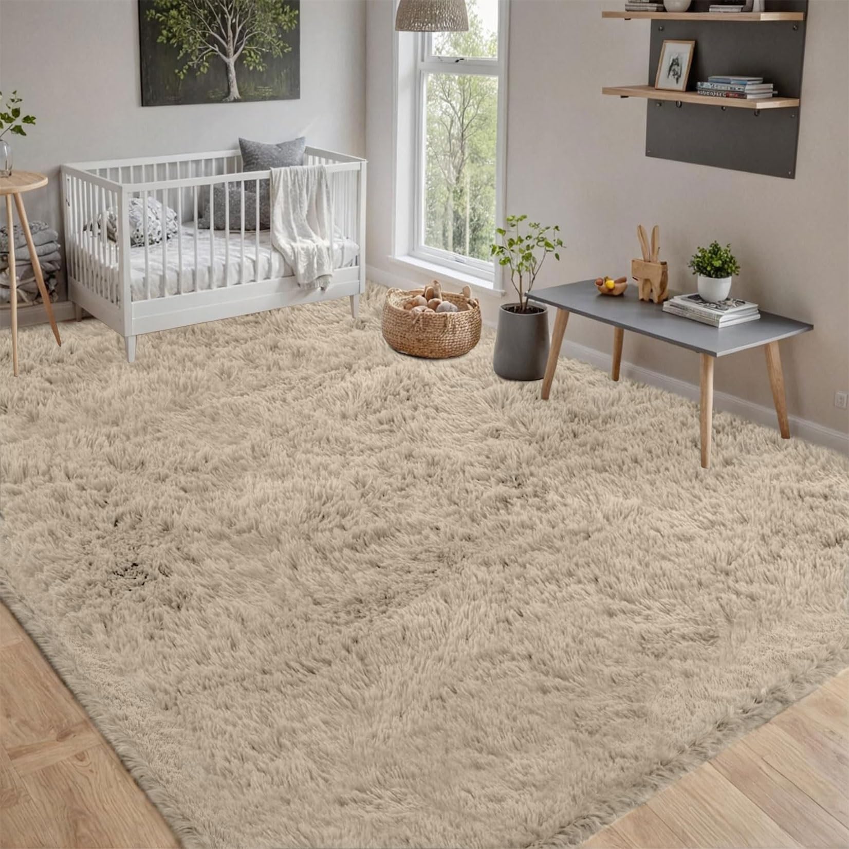 Alfombra habitación moderna de diseño abstracto beige con textura densa y suave