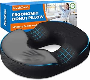 CushZone Donut Pillow Seat Cushion for Postpartum Pregnancy, Large Ergonomic Chair Seat Cushions, Office Chair Cushion, Breathable Hemorrhoid Pillow, Lifting Chair Pads for After Surgery (Black)
