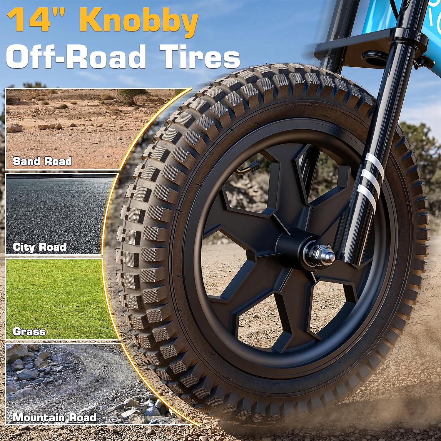 ARBELI 36V Kids Electric Dirt Bike, Peak 400W Brushless Motor, 13 MPH & 13 Miles, 14“ All-Terrain Tires & Pro Suspension, High-Carbon Steel Frame, Electric Bike for Kids Ages 4-8, UL Certified (Blue)