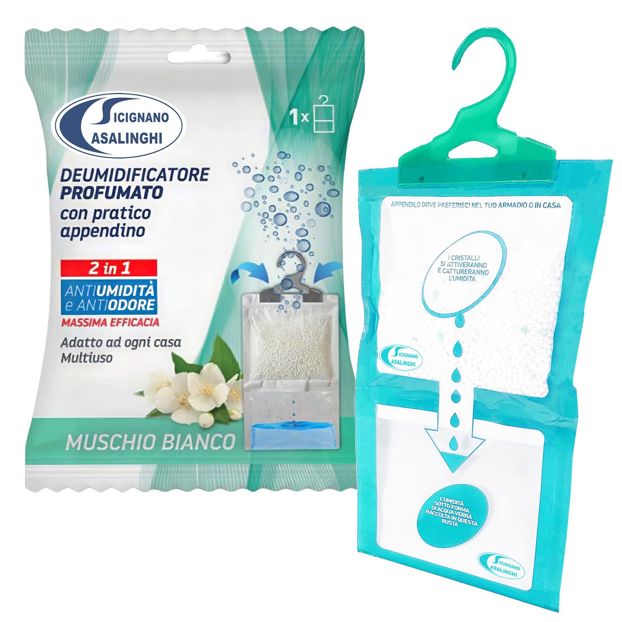 Sicignano | Deumidificatore con Appendino 2 in 1, Anti-Umidità e Anti-Odore, Capacità 500 ml, Ideale per Armadi e Ambienti Domestici, Fragranza Inodore