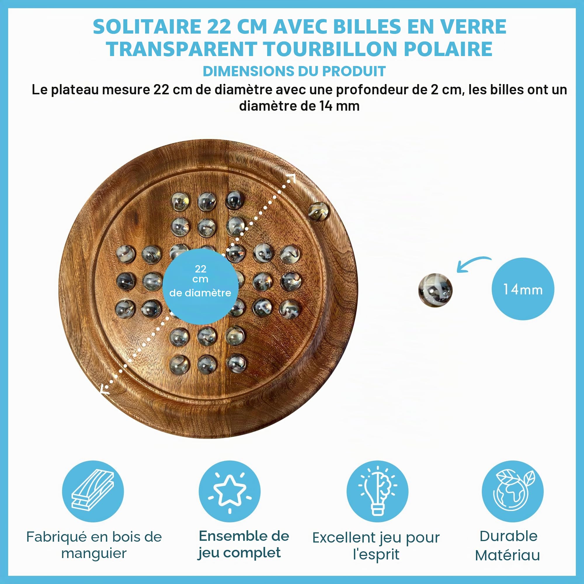 Jeu de société solitaire en bois de 22 cm de diamètre avec billes de verre tourbillonnantes transparentes | jeu de solitaire classique en bois | jeu de société de stratégie | jeu de société familial |