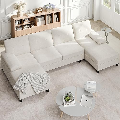 Miniatura 10 de Shintenchi Sofás seccionales en forma de U para sala de estar, sofá de 4 asientos con diván doble, sofá seccional con marco de madera maciza para